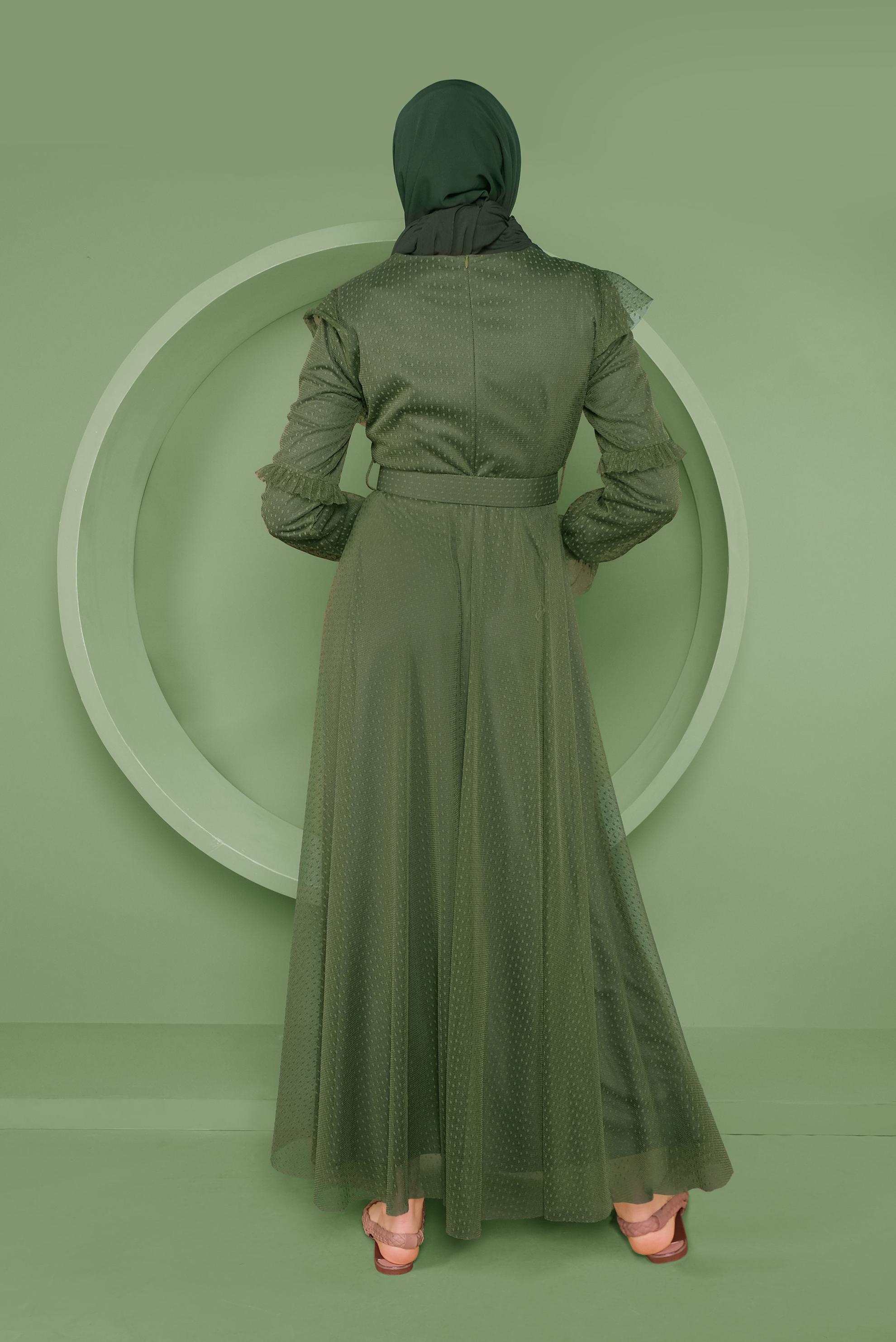 Tesettür giyim YEŞİL KEMERLİ TÜL ELBİSE 41408