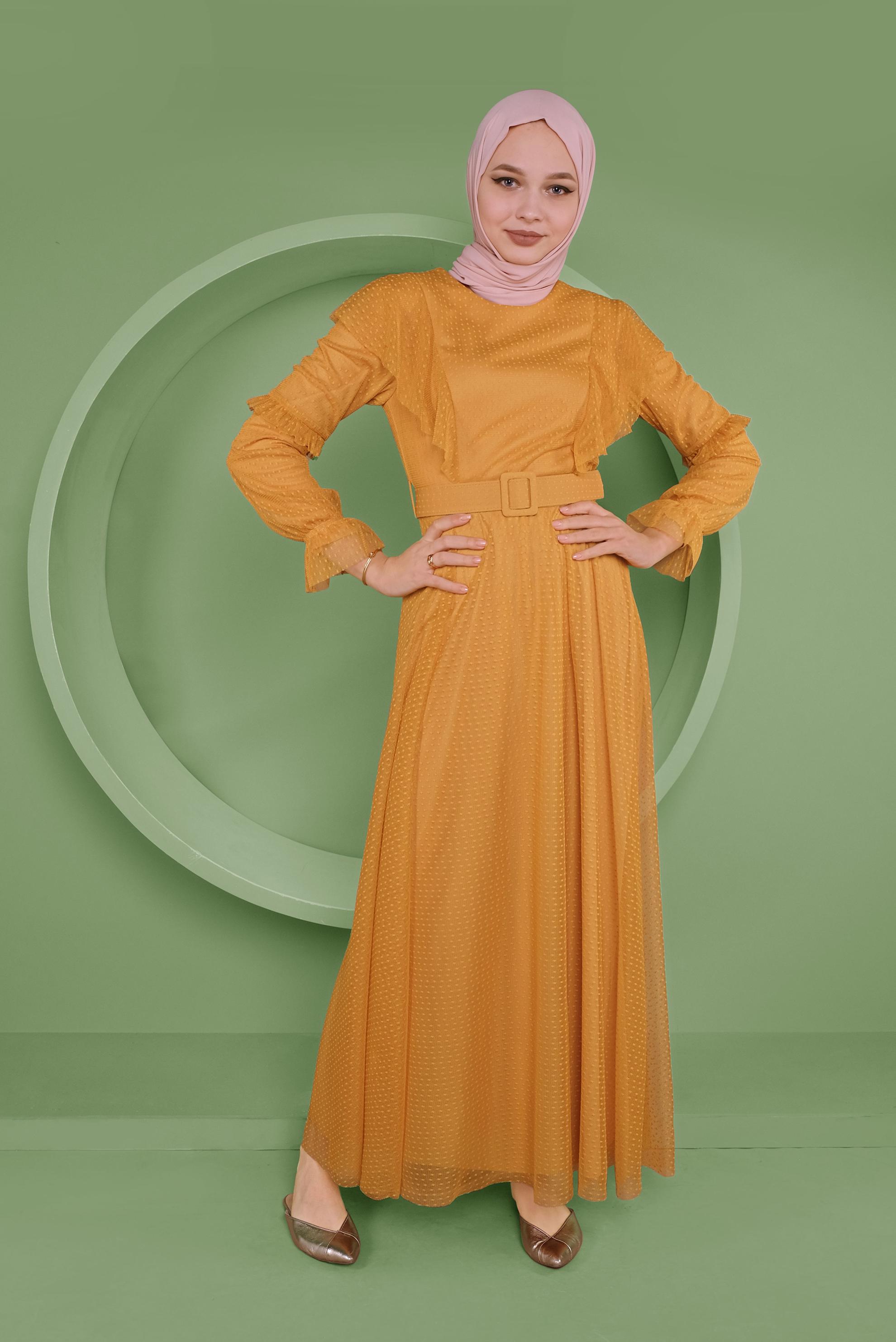 Tesettür giyim SARI KEMERLİ TÜL ELBİSE 41408