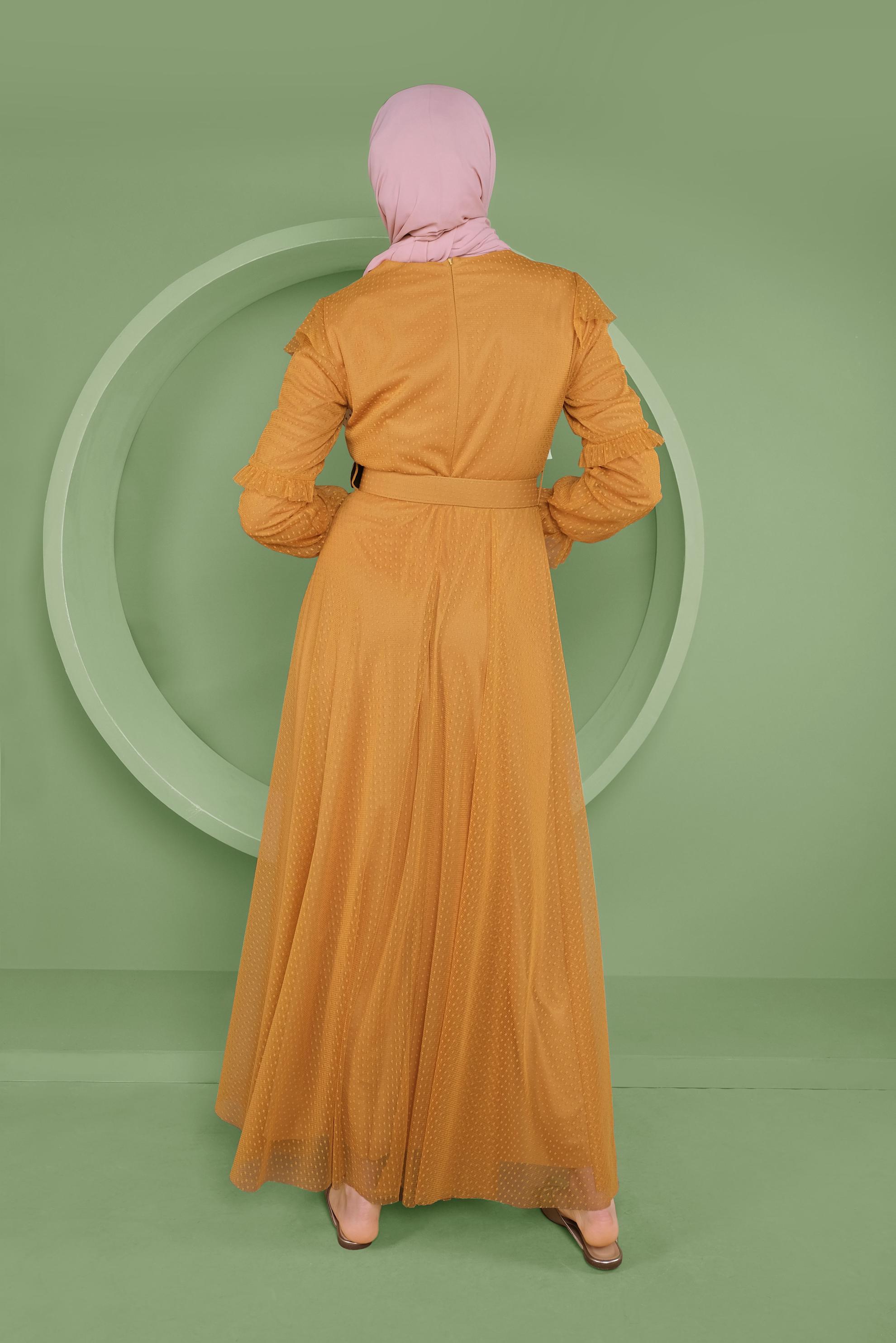 Tesettür giyim SARI KEMERLİ TÜL ELBİSE 41408