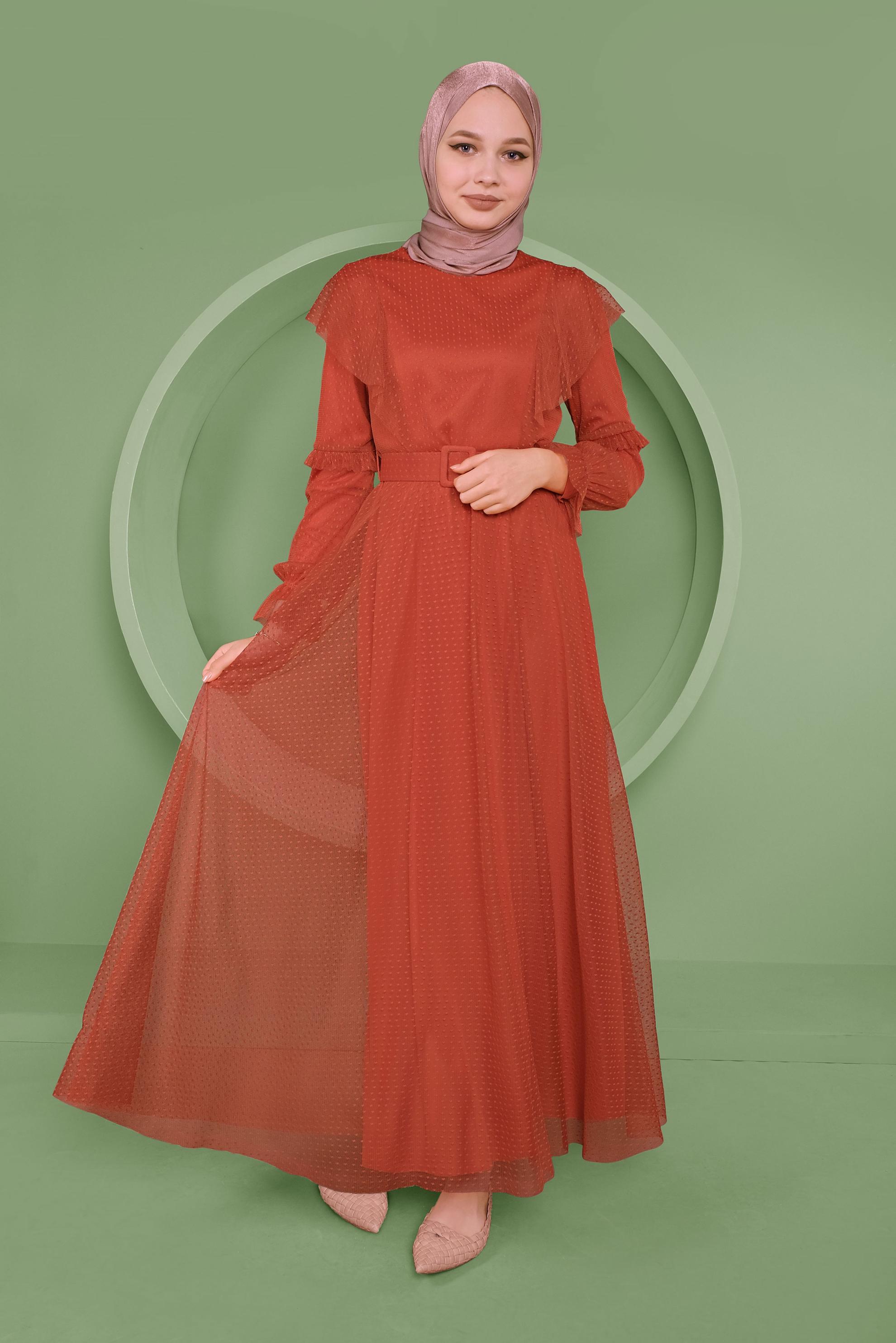 Tesettür giyim TURUNCU KEMERLİ TÜL ELBİSE 41408