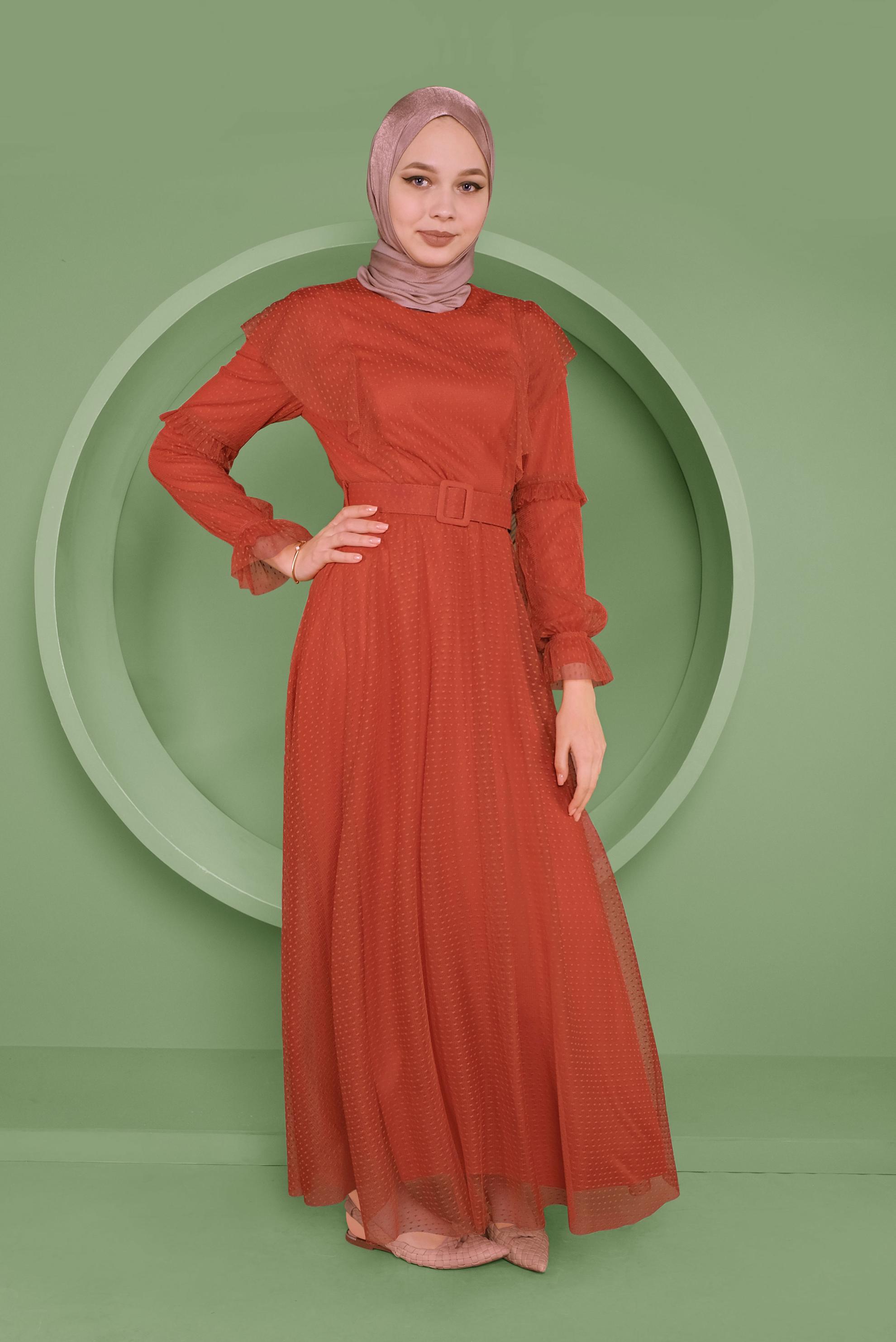 Tesettür giyim TURUNCU KEMERLİ TÜL ELBİSE 41408