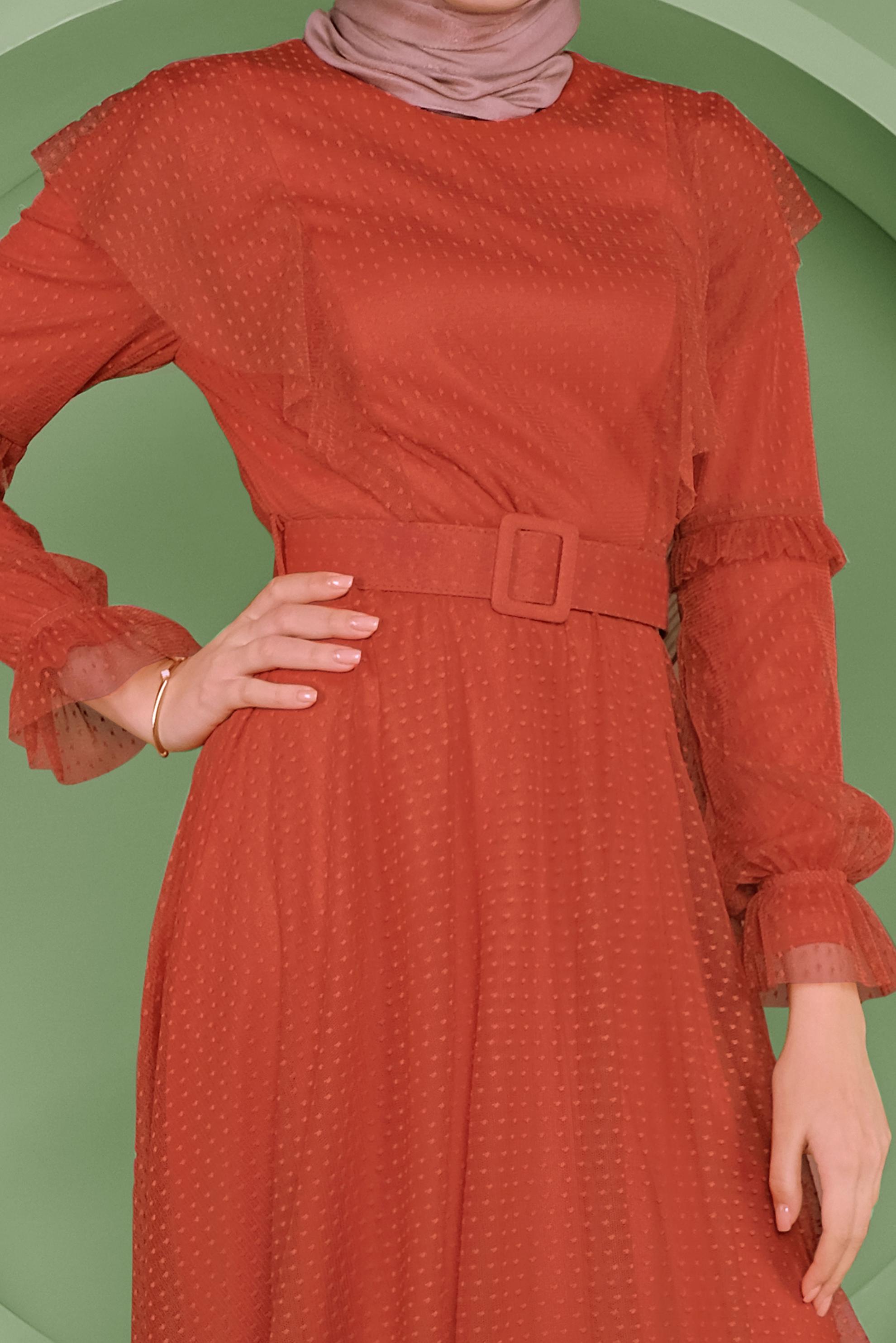 Tesettür giyim TURUNCU KEMERLİ TÜL ELBİSE 41408