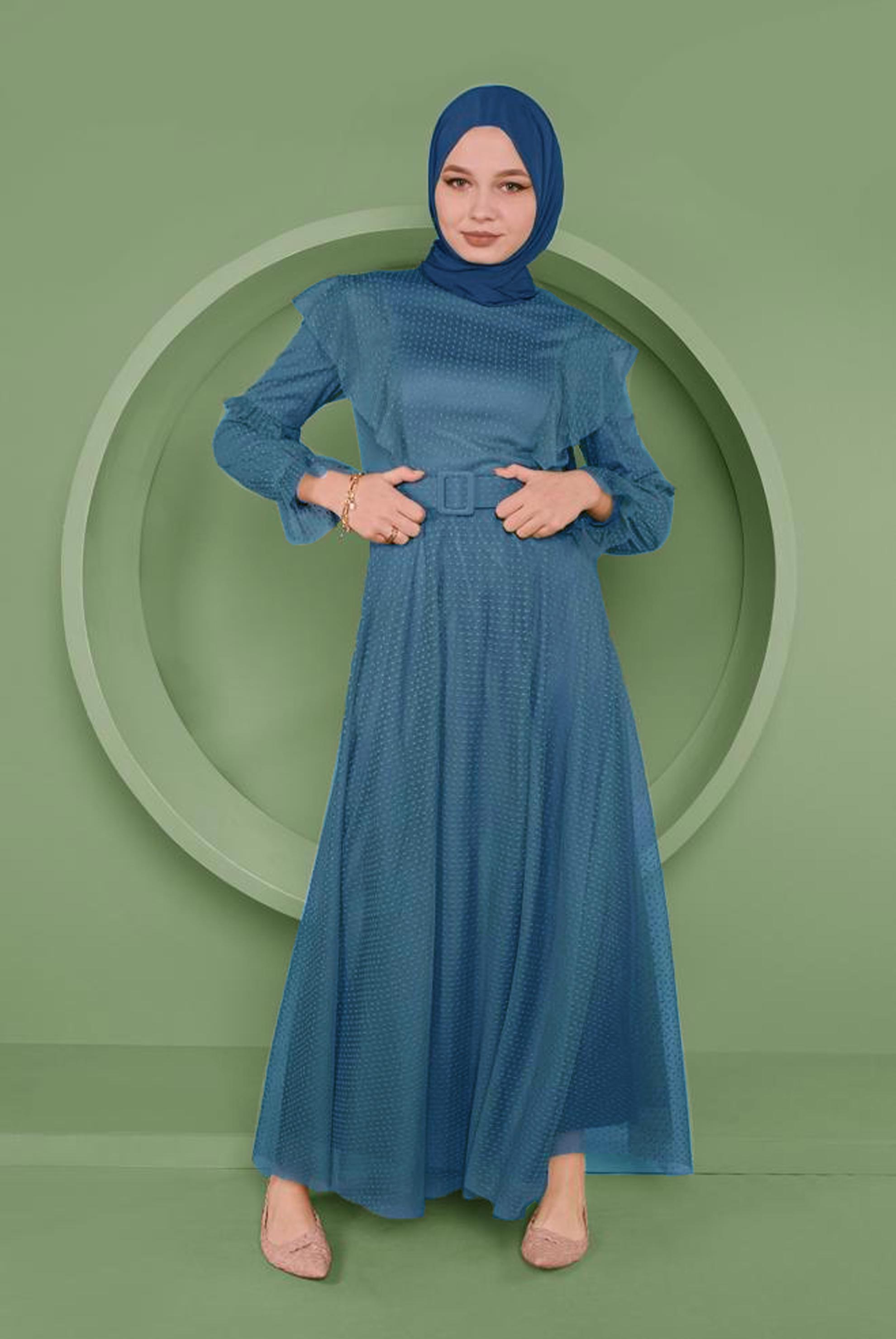 Tesettür giyim LACİVERT KEMERLİ TÜL ELBİSE 41408