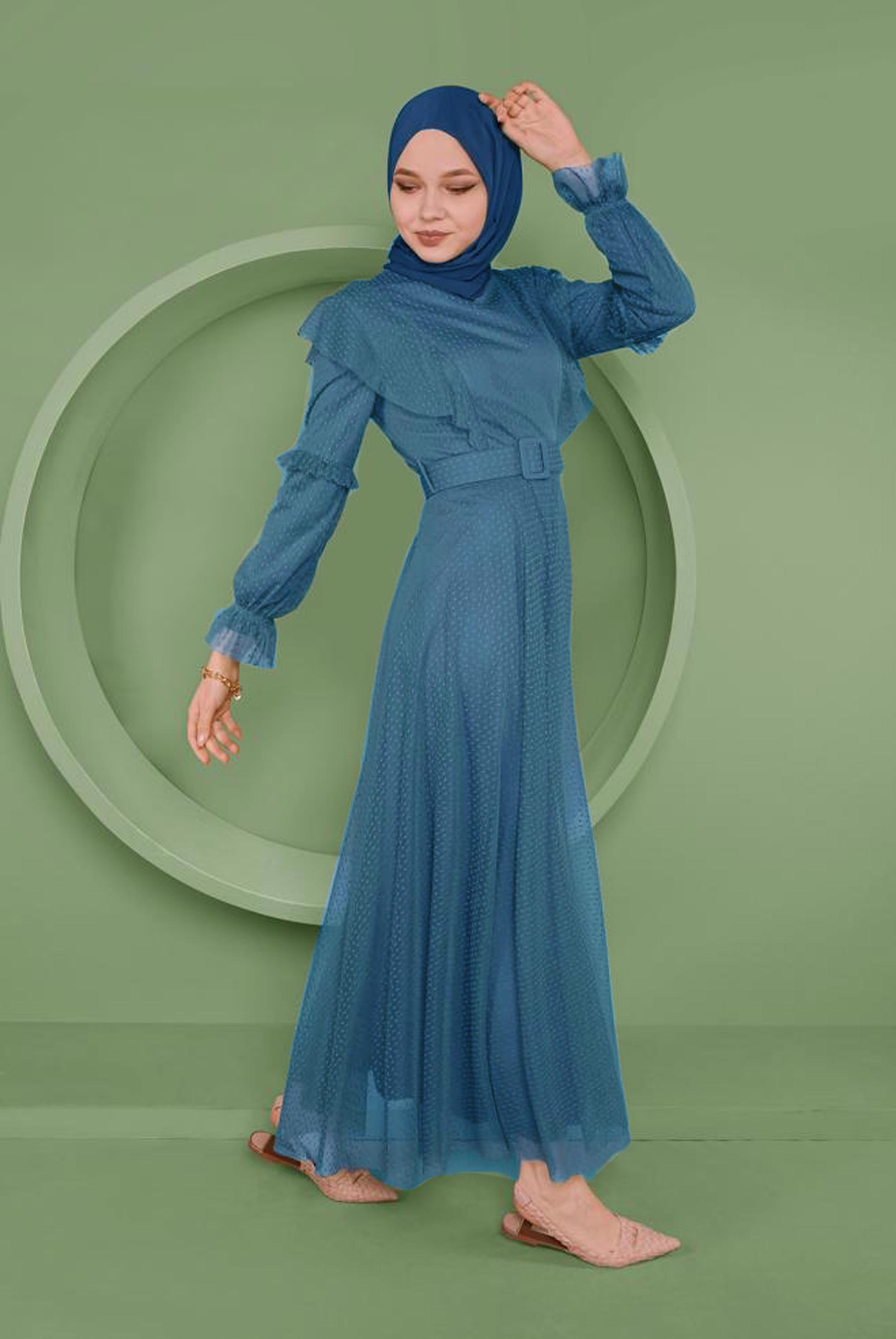 Tesettür giyim LACİVERT KEMERLİ TÜL ELBİSE 41408