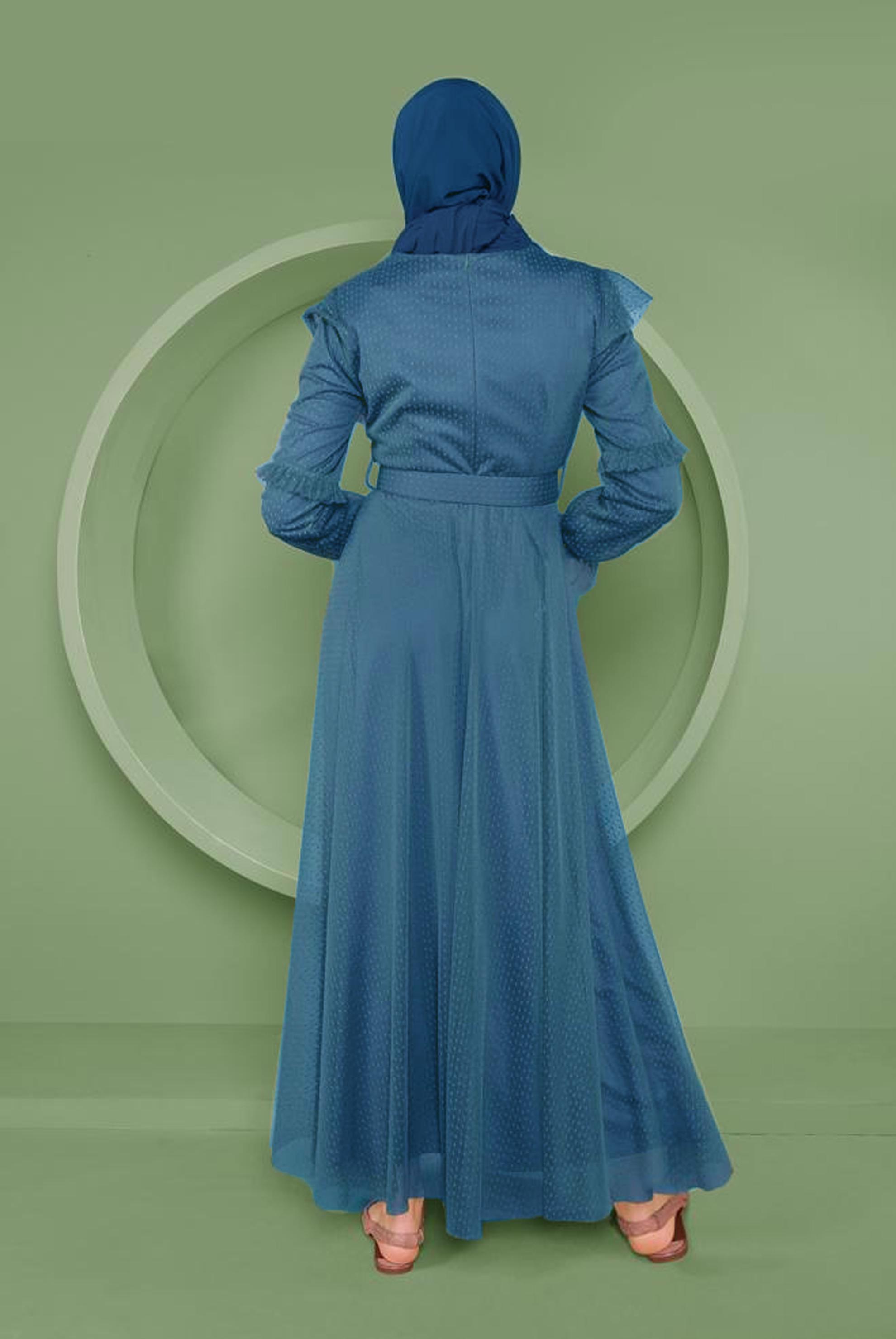 Tesettür giyim LACİVERT KEMERLİ TÜL ELBİSE 41408