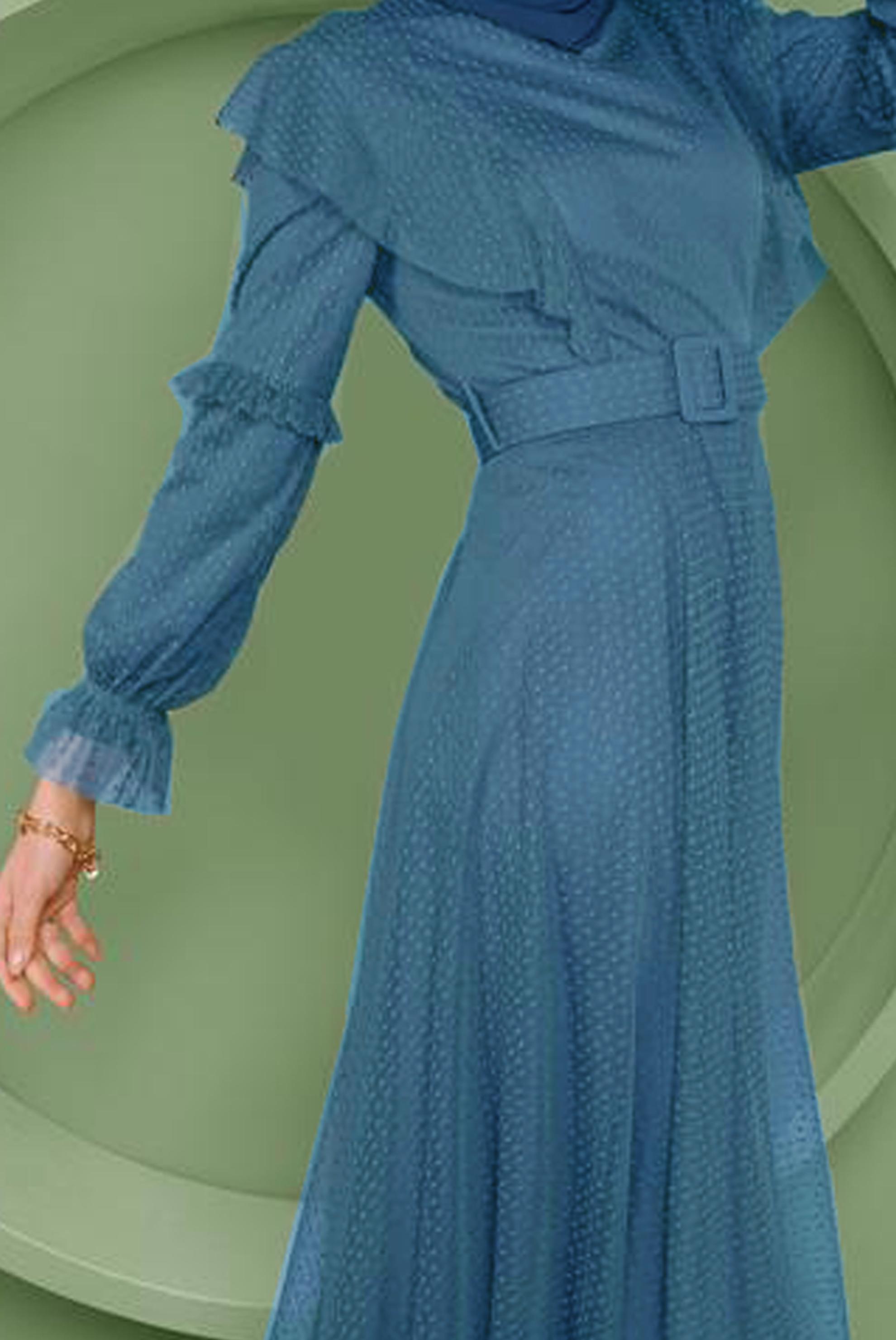 Tesettür giyim LACİVERT KEMERLİ TÜL ELBİSE 41408