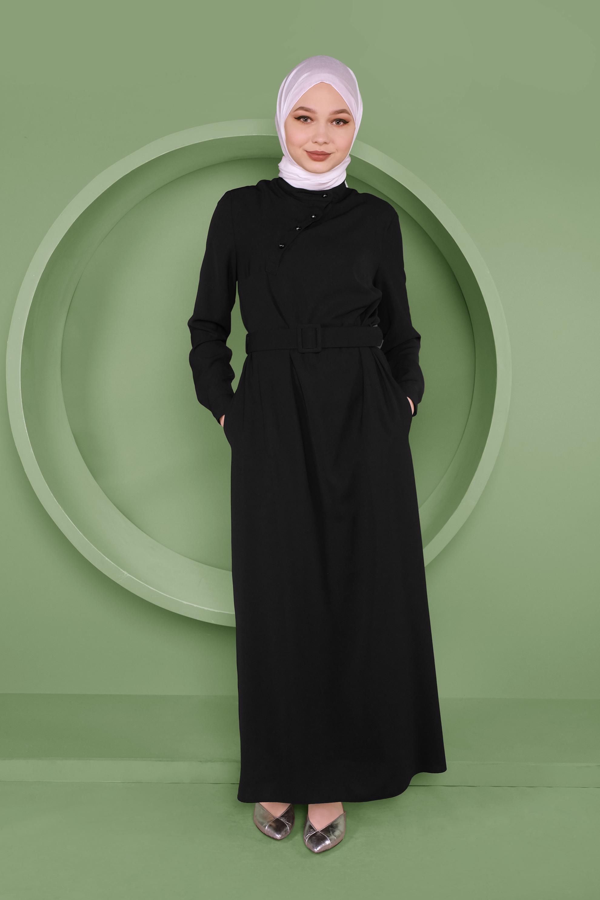 Tesettür giyim SİYAH YAKA VE ETEK UCU DÜĞME DETAYLI ELBİSE 41409