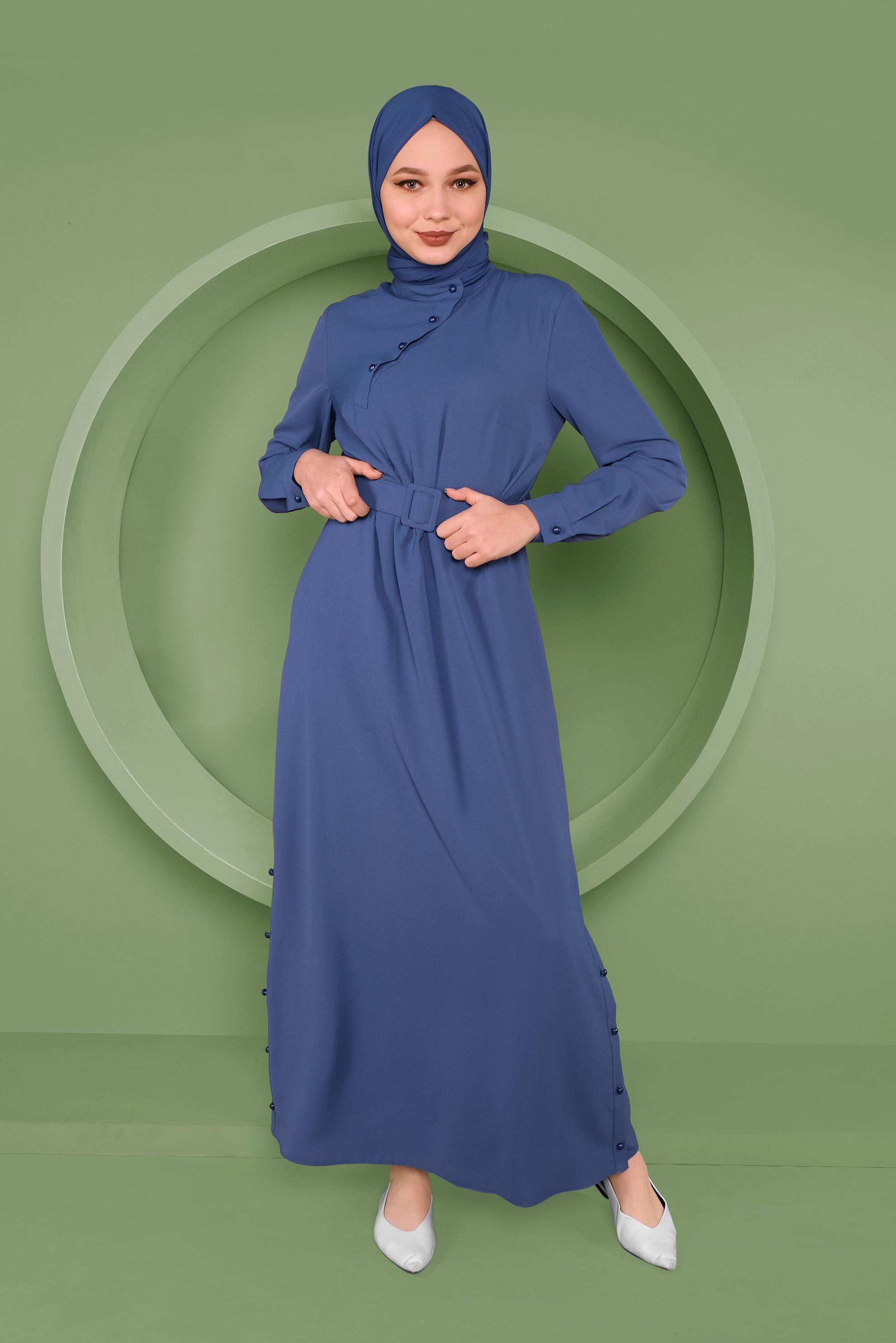 Tesettür giyim LACİVERT YAKA VE ETEK UCU DÜĞME DETAYLI ELBİSE 41409