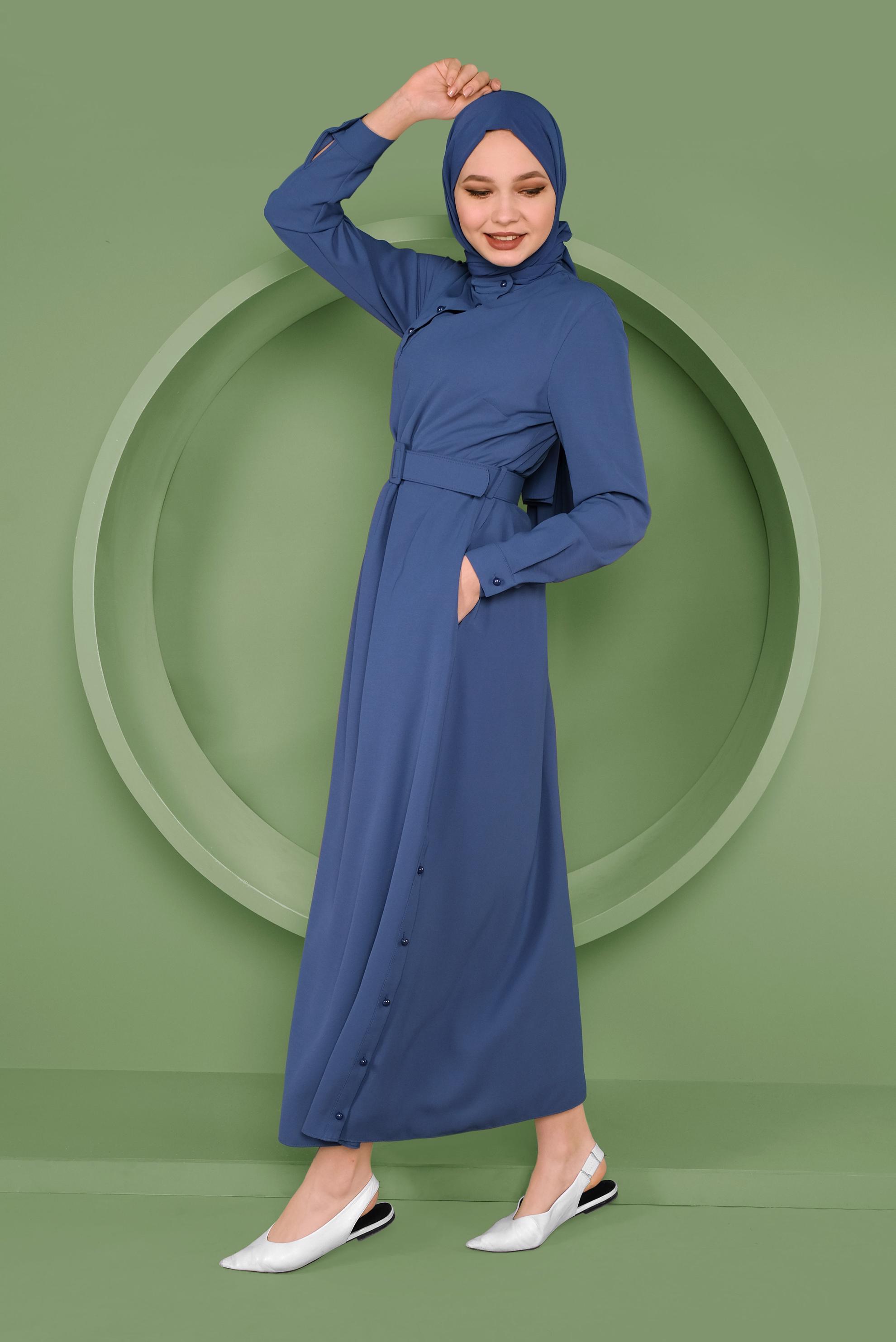 Tesettür giyim LACİVERT YAKA VE ETEK UCU DÜĞME DETAYLI ELBİSE 41409