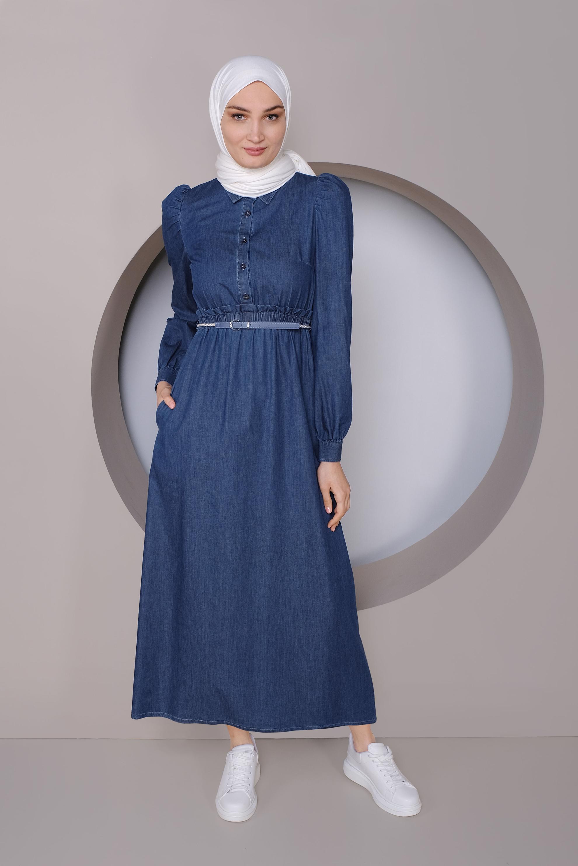 Tesettür giyim LACİVERT BELDEN BÜZGÜLÜ DENİM ELBİSE 41426