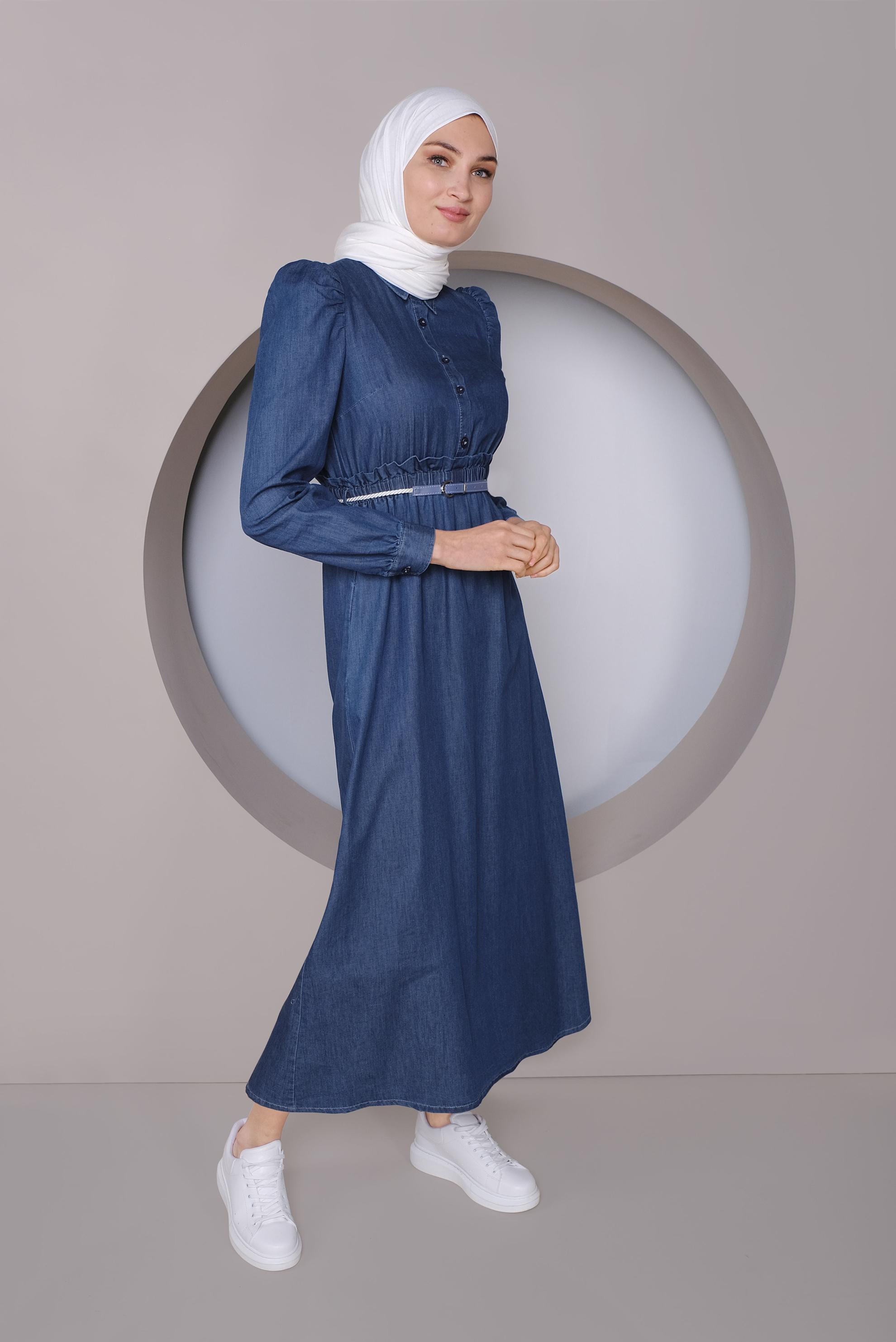 Tesettür giyim LACİVERT BELDEN BÜZGÜLÜ DENİM ELBİSE 41426