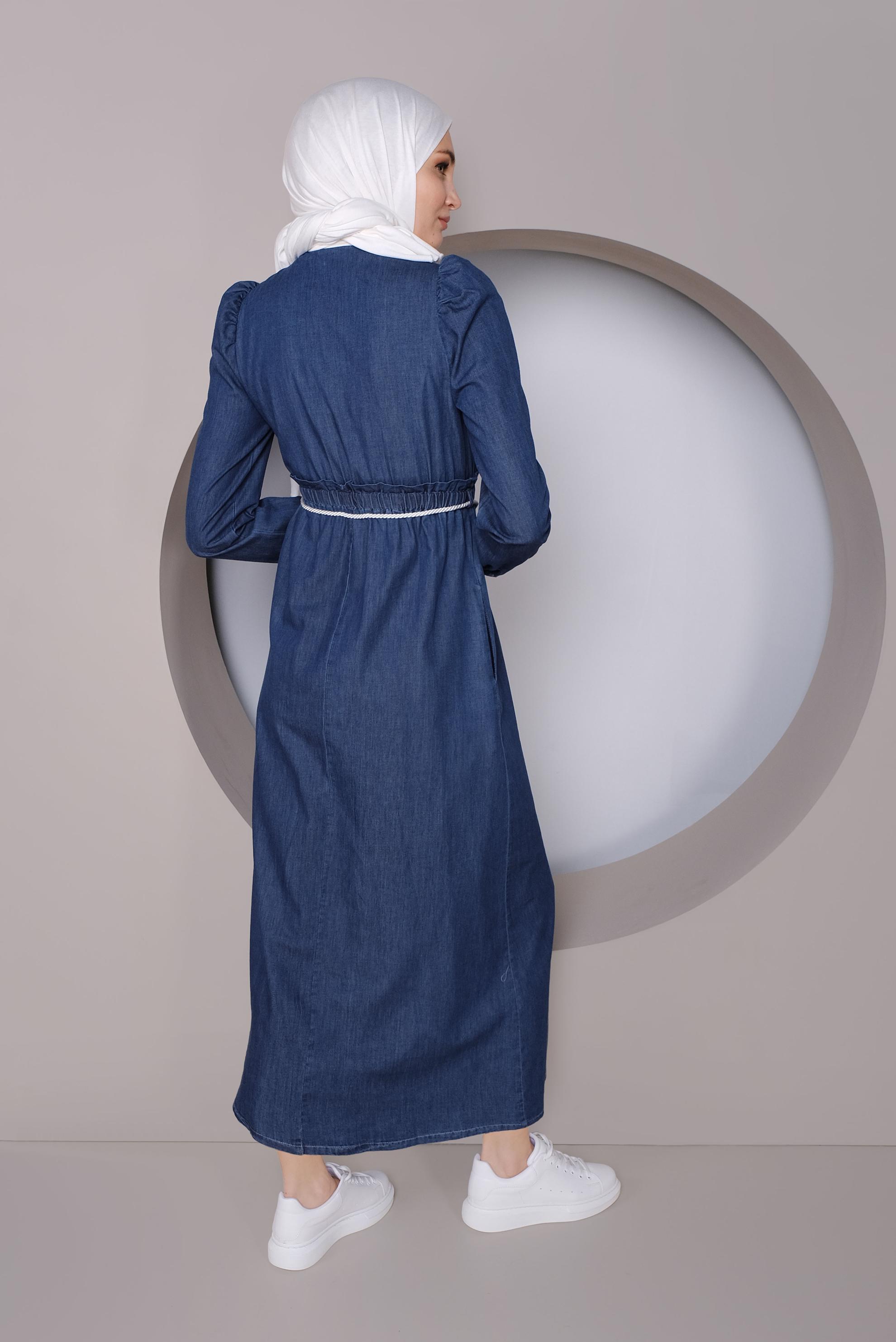 Tesettür giyim LACİVERT BELDEN BÜZGÜLÜ DENİM ELBİSE 41426
