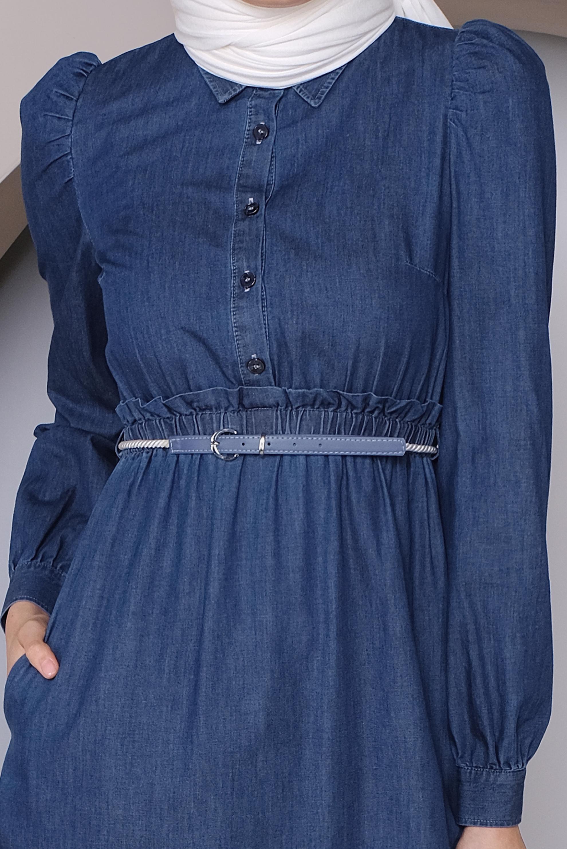 Tesettür giyim LACİVERT BELDEN BÜZGÜLÜ DENİM ELBİSE 41426