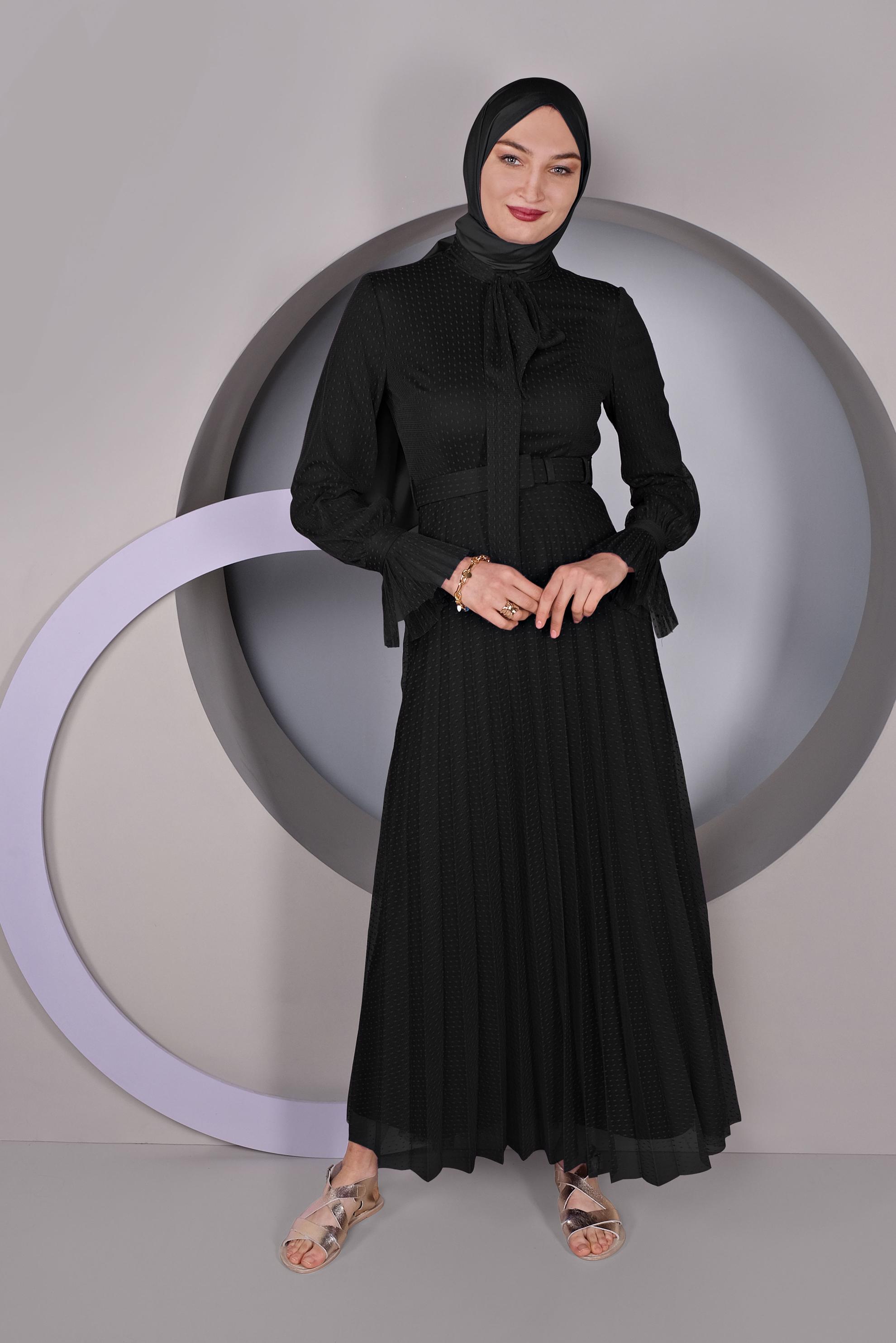 Tesettür giyim SİYAH PİLİSELİ TÜL ELBİSE 41427