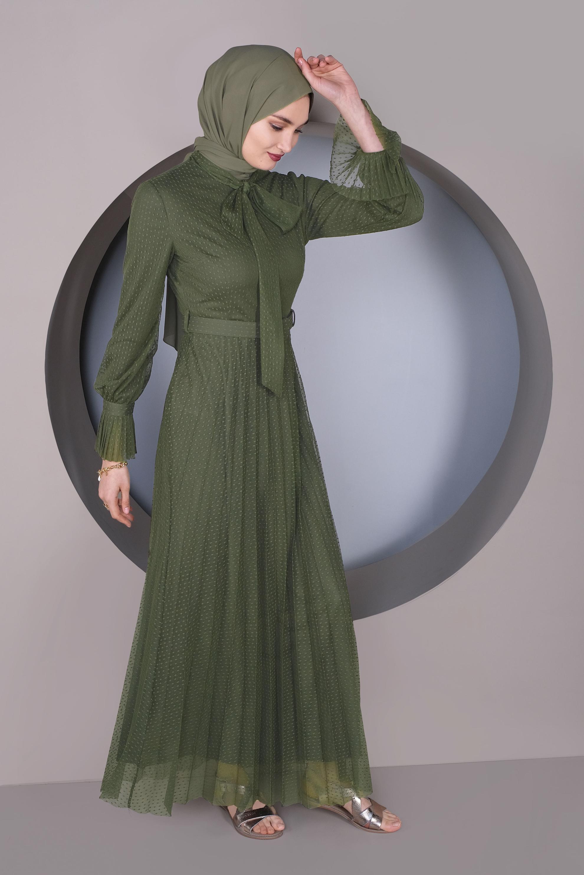 Tesettür giyim YEŞİL PİLİSELİ TÜL ELBİSE 41427