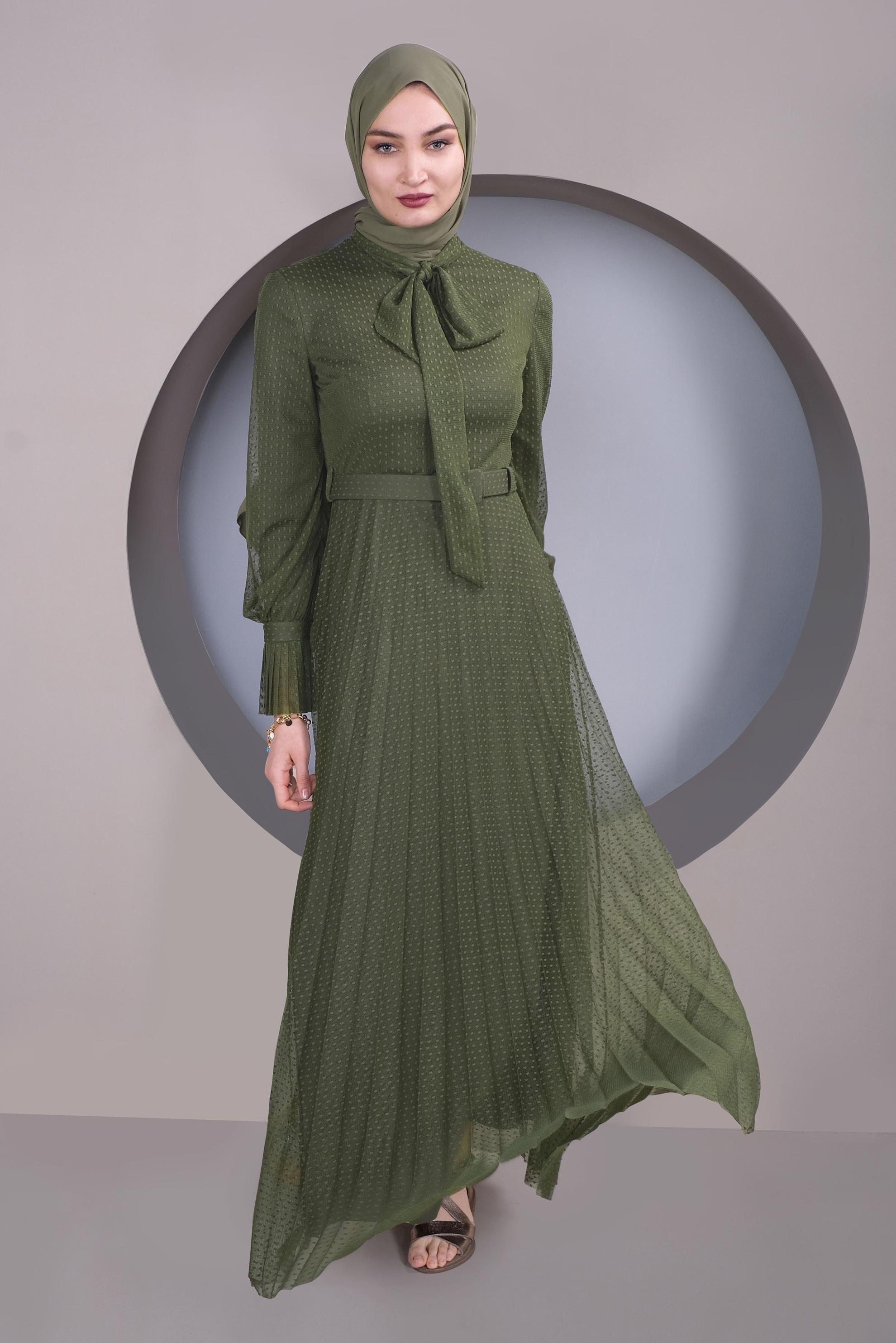 Tesettür giyim YEŞİL PİLİSELİ TÜL ELBİSE 41427