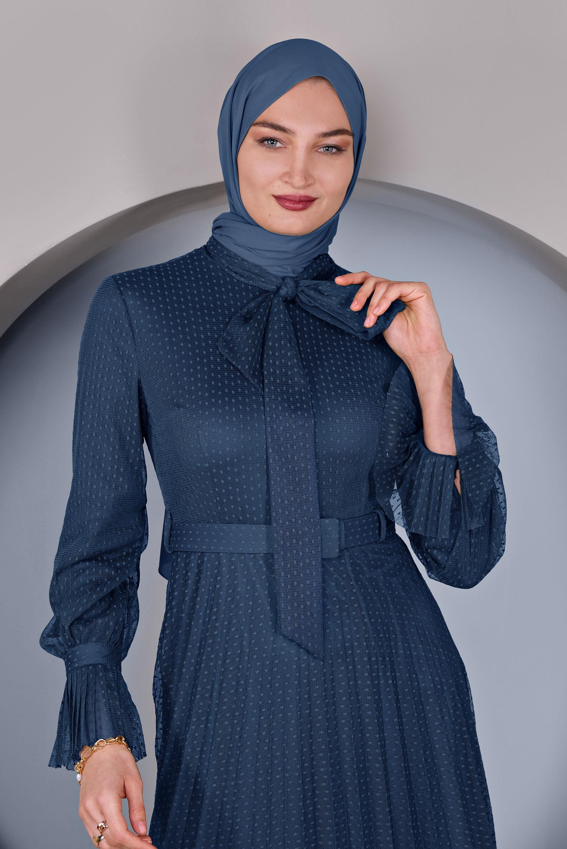 Tesettür giyim LACİVERT PİLİSELİ TÜL ELBİSE 41427