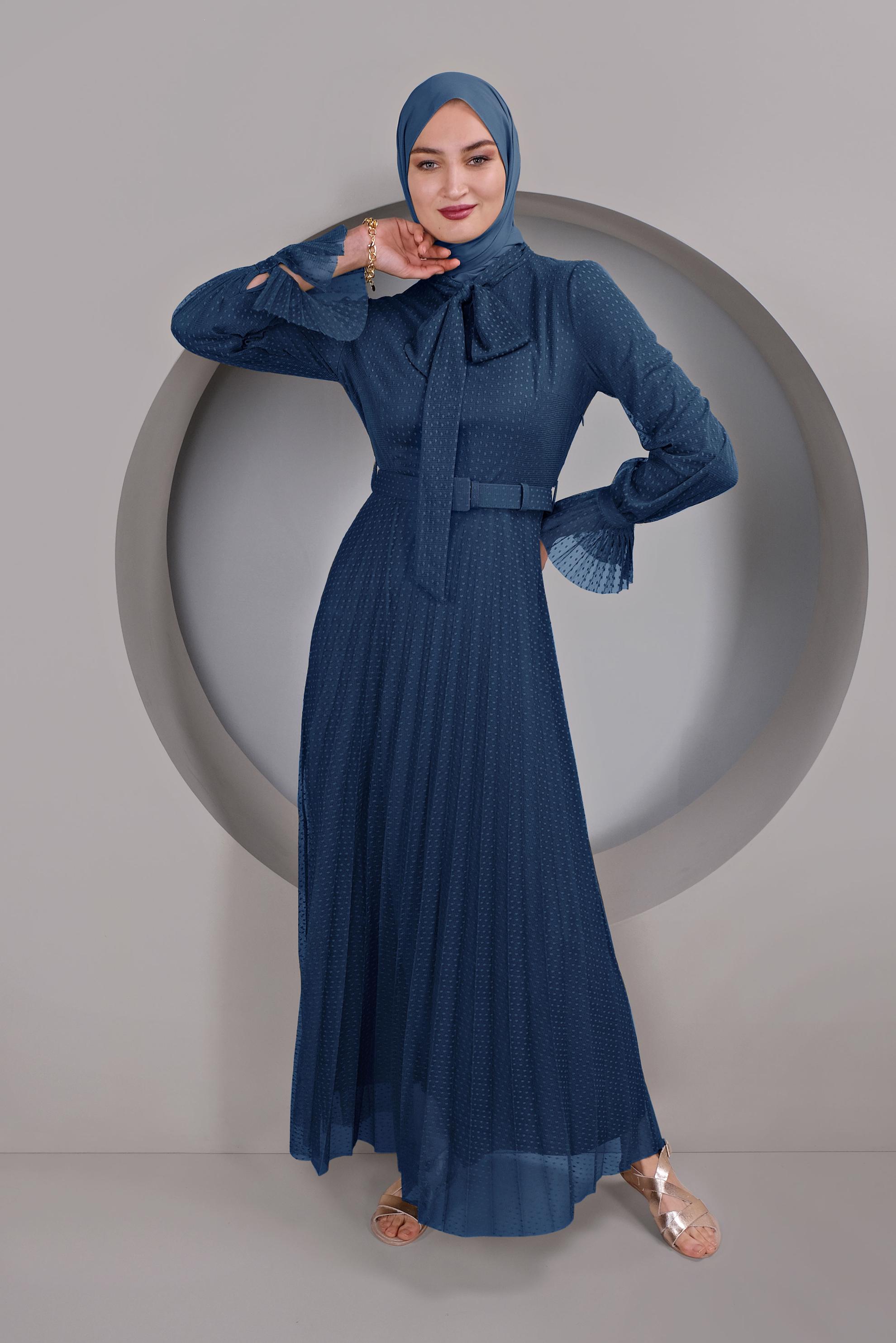 Tesettür giyim LACİVERT PİLİSELİ TÜL ELBİSE 41427