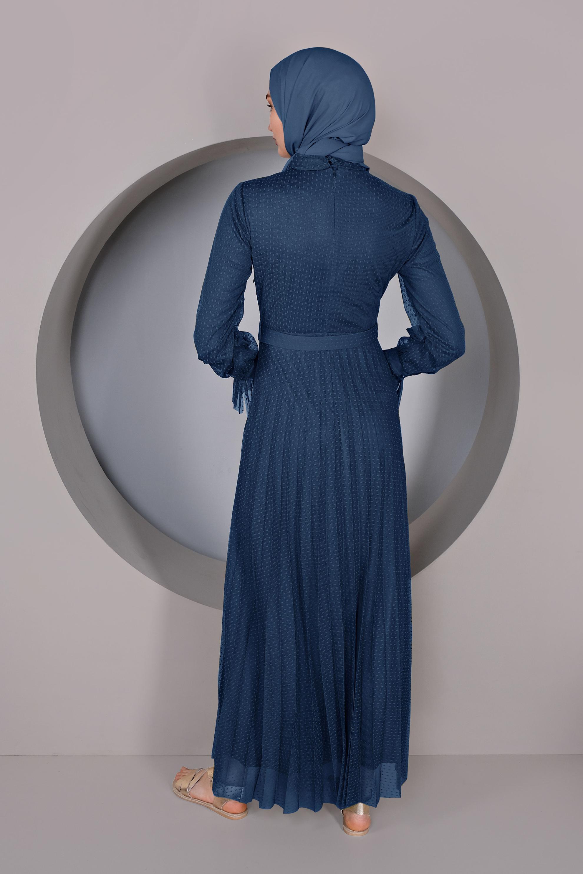Tesettür giyim LACİVERT PİLİSELİ TÜL ELBİSE 41427