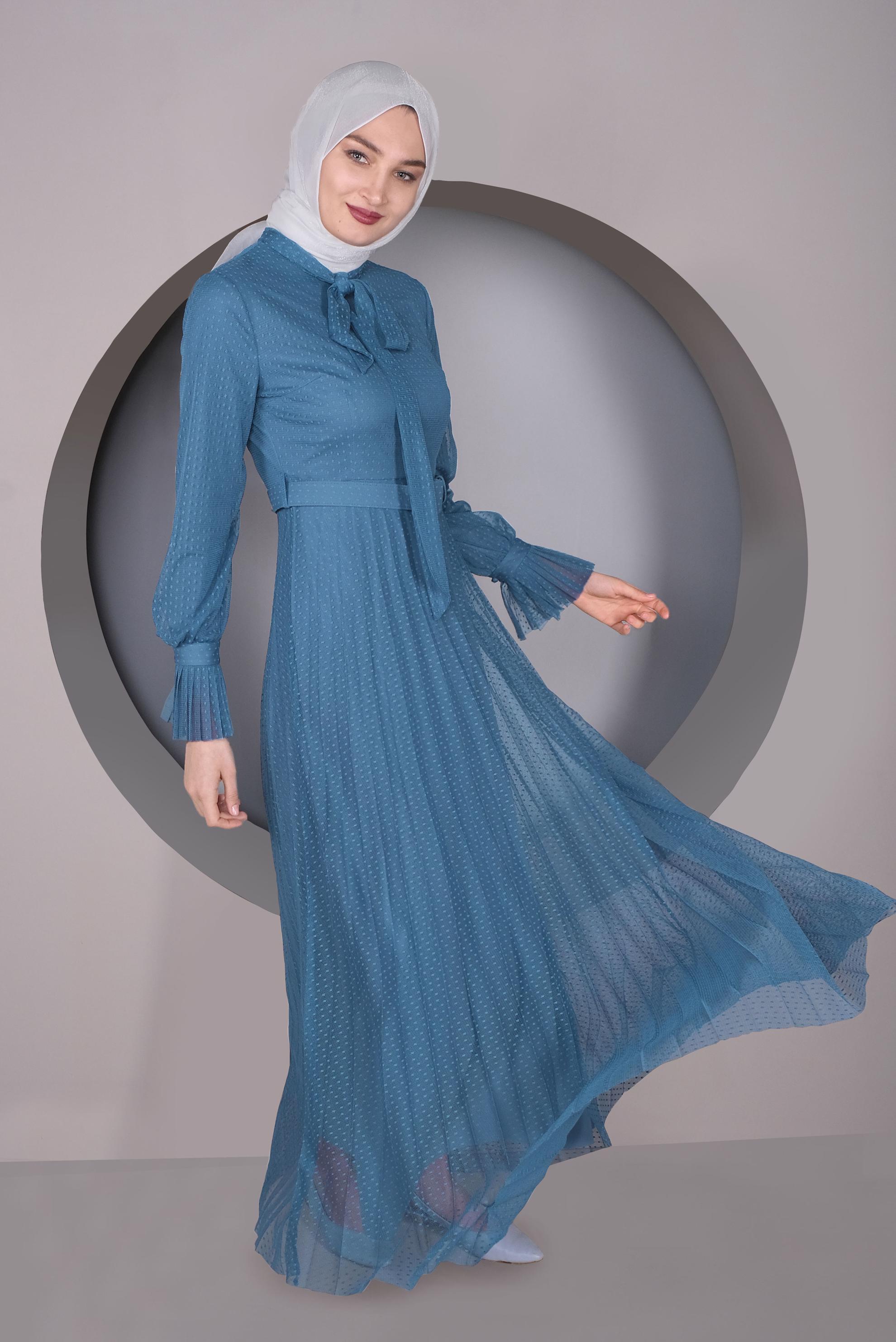 Tesettür giyim LACİVERT PİLİSELİ TÜL ELBİSE 41427