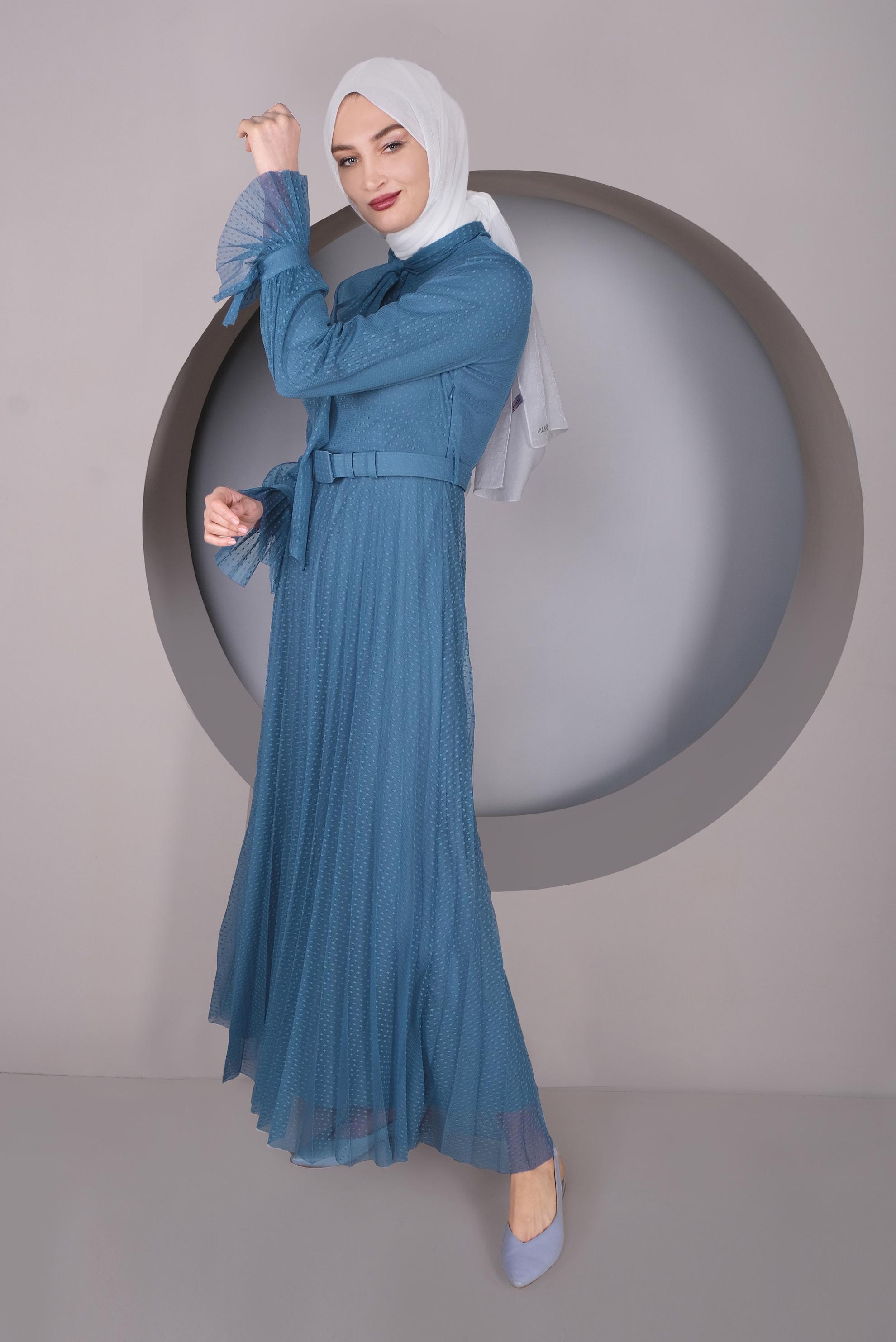 Tesettür giyim LACİVERT PİLİSELİ TÜL ELBİSE 41427