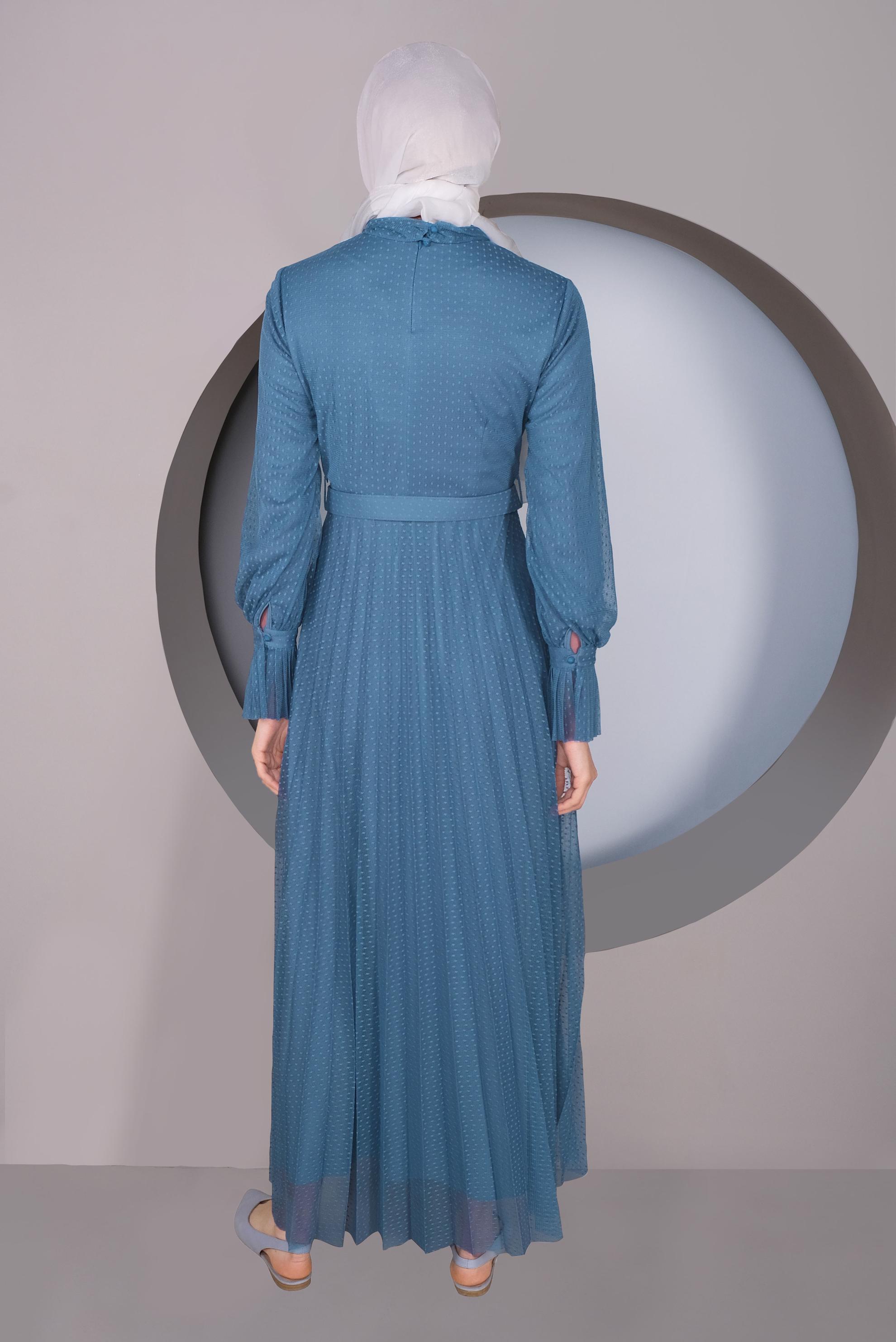 Tesettür giyim LACİVERT PİLİSELİ TÜL ELBİSE 41427