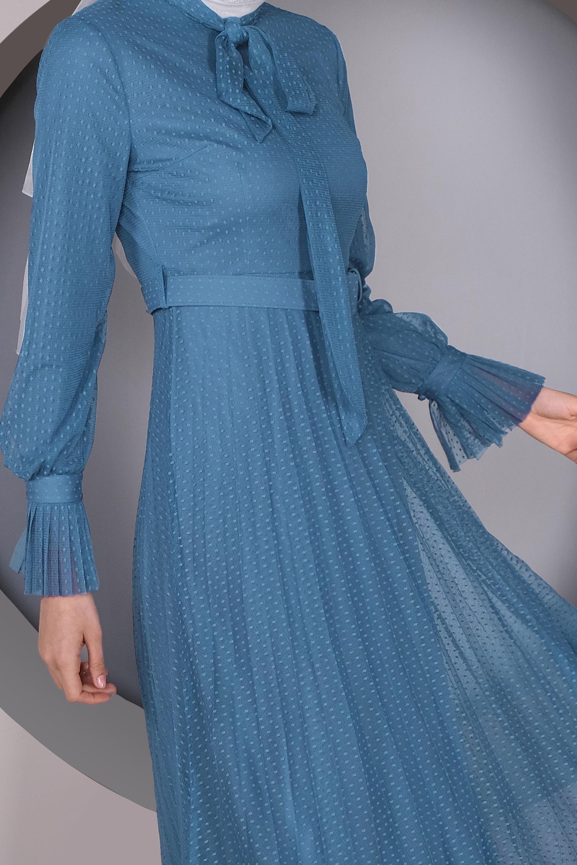 Tesettür giyim LACİVERT PİLİSELİ TÜL ELBİSE 41427