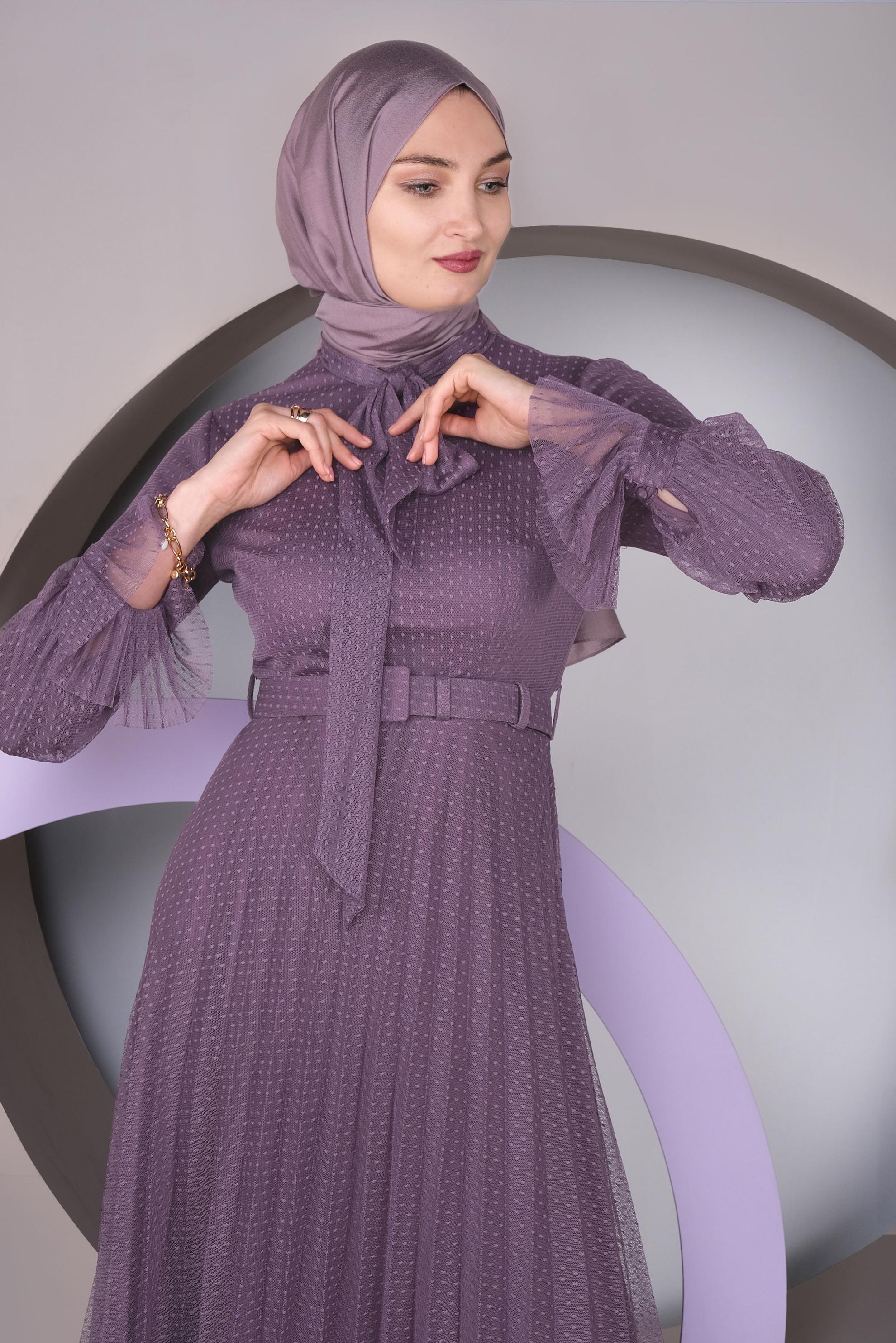 Tesettür giyim MOR PİLİSELİ TÜL ELBİSE 41427