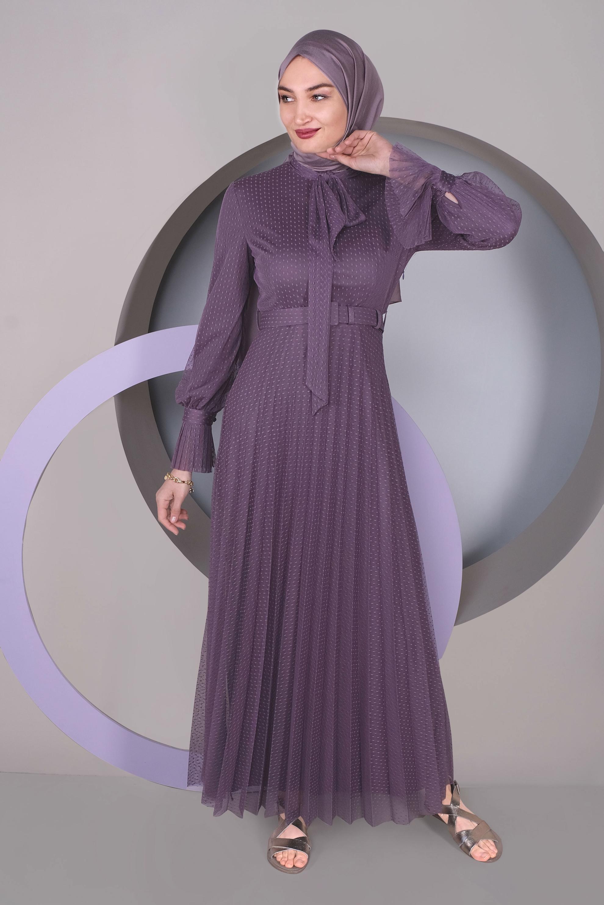 Tesettür giyim MOR PİLİSELİ TÜL ELBİSE 41427