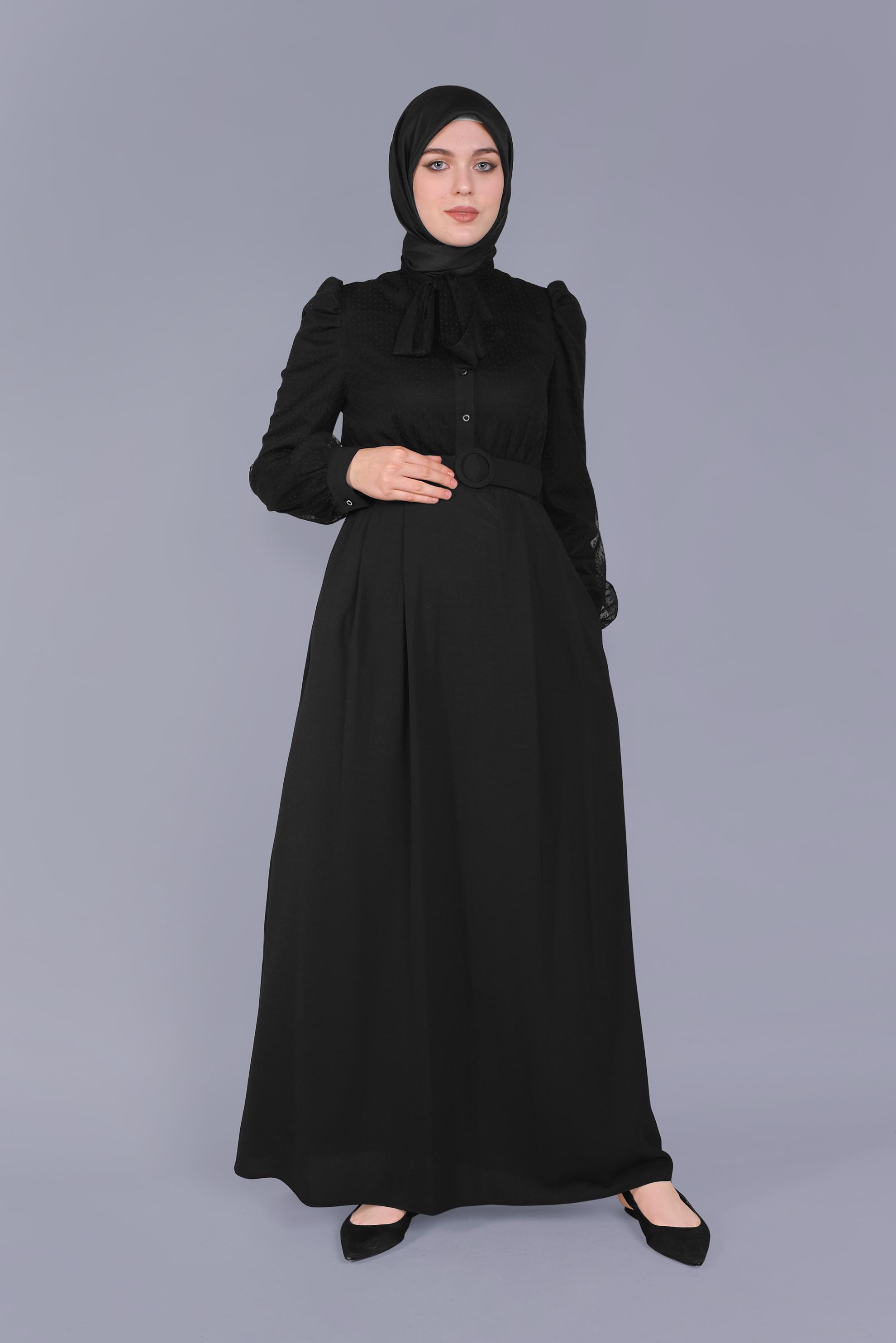 Tesettür giyim SİYAH YAKASI BAĞCIKLI TÜLLÜ ELBİSE 41428