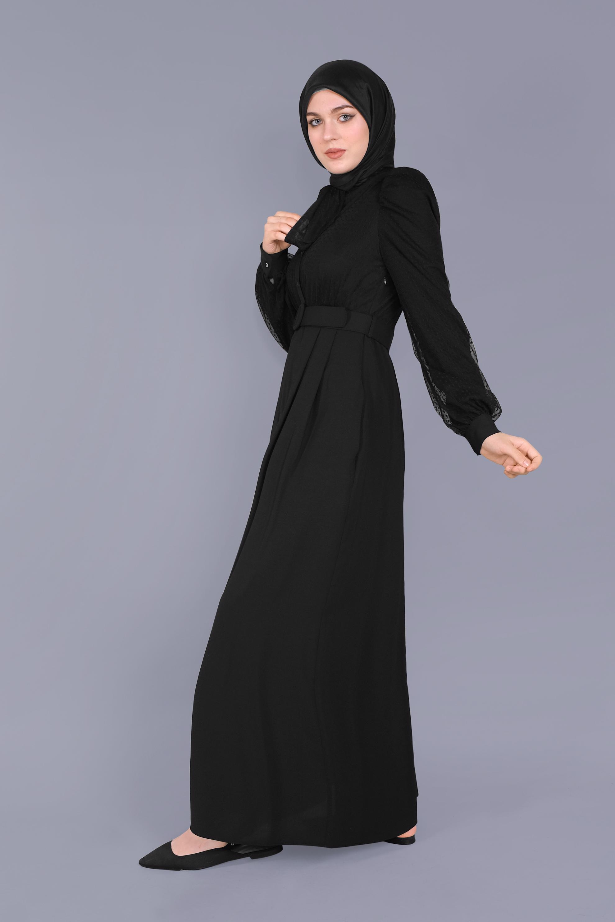 Tesettür giyim SİYAH YAKASI BAĞCIKLI TÜLLÜ ELBİSE 41428