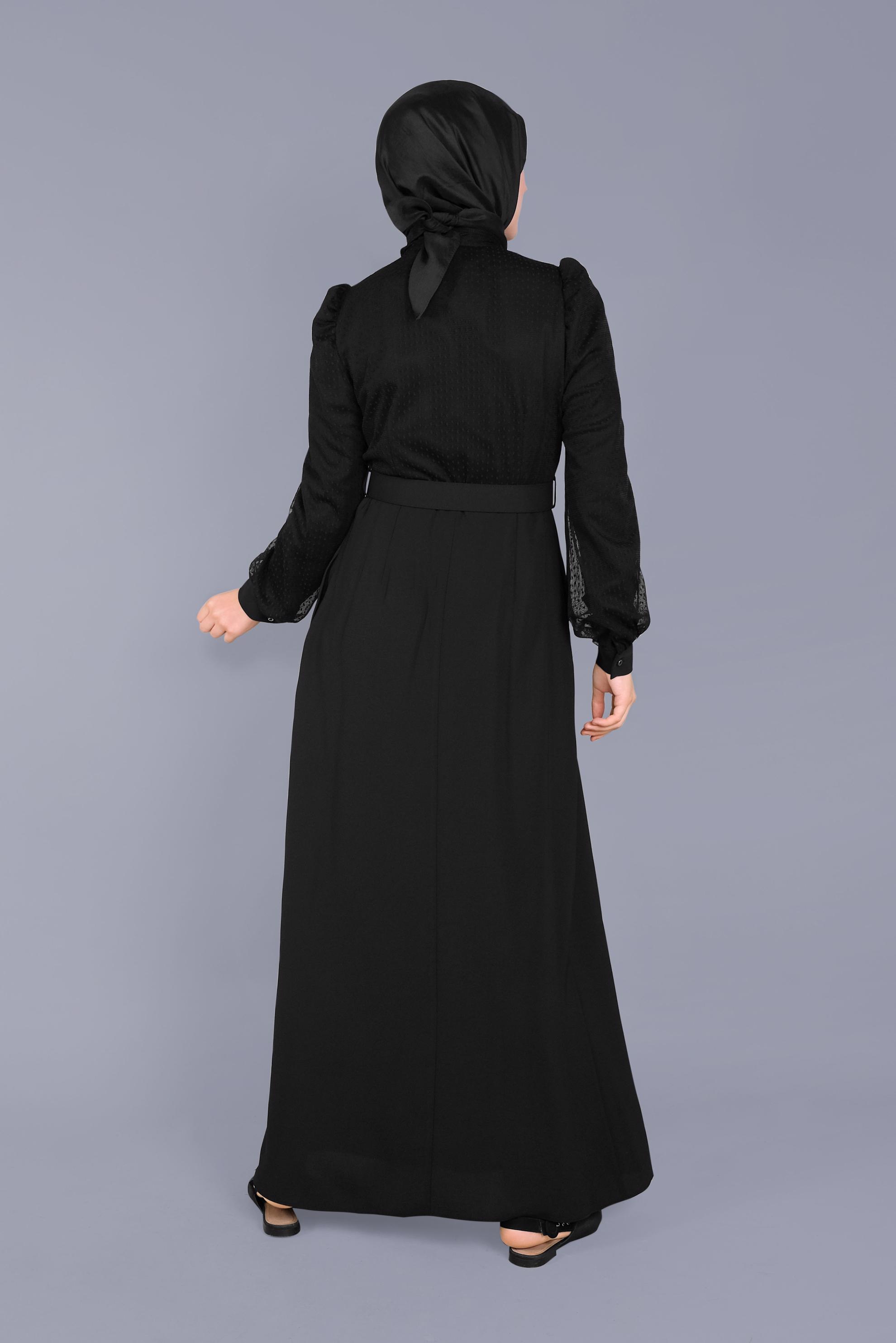 Tesettür giyim SİYAH YAKASI BAĞCIKLI TÜLLÜ ELBİSE 41428