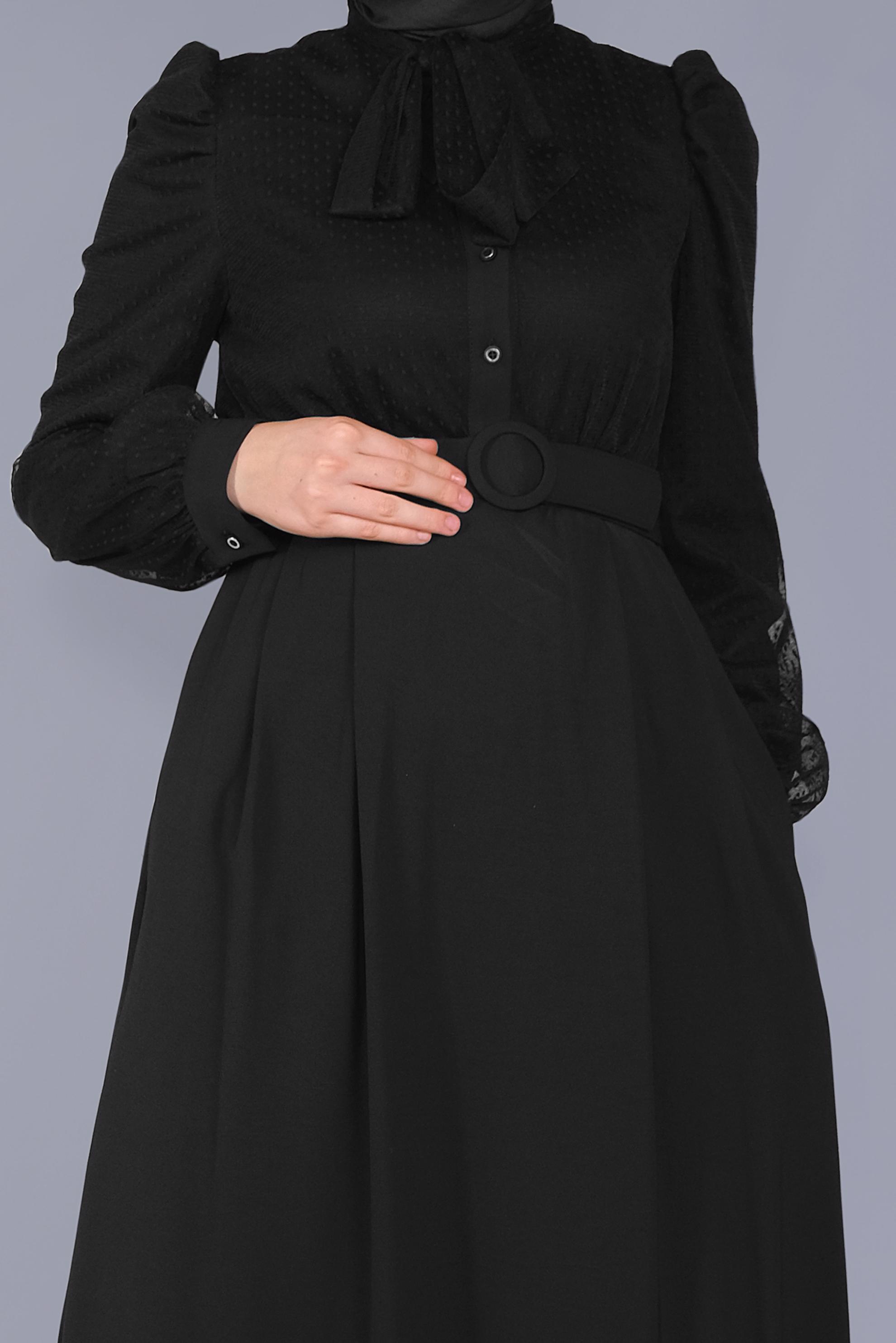 Tesettür giyim SİYAH YAKASI BAĞCIKLI TÜLLÜ ELBİSE 41428