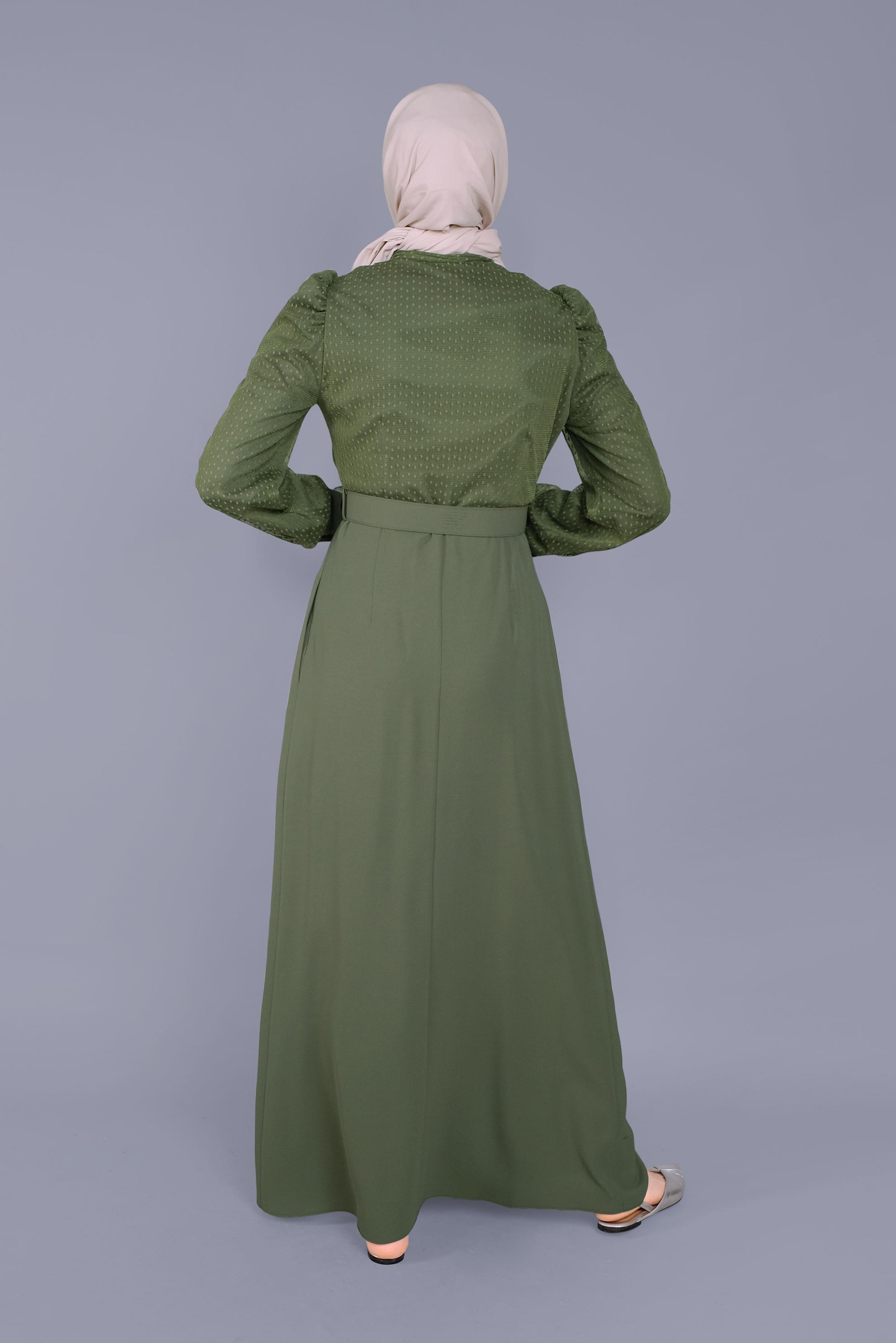 Tesettür giyim HAKİ YAKASI BAĞCIKLI TÜLLÜ ELBİSE 41428