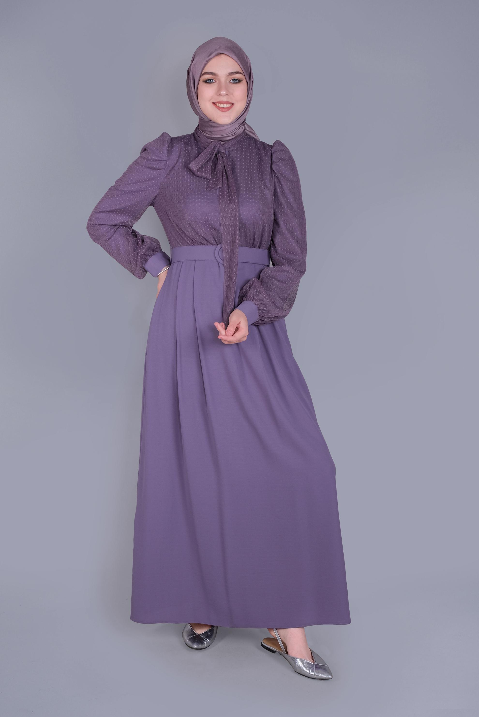 Tesettür giyim MOR YAKASI BAĞCIKLI TÜLLÜ ELBİSE 41428