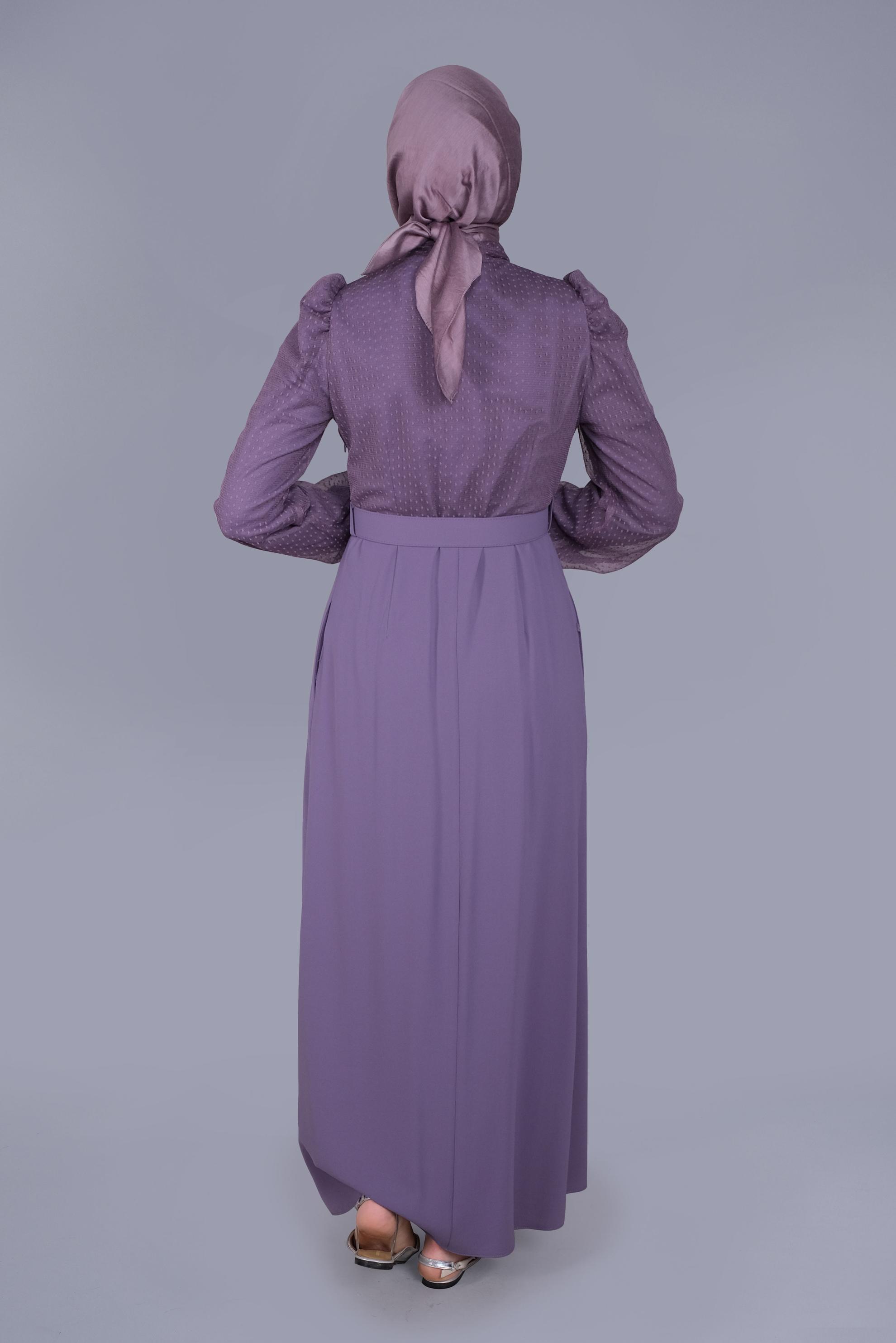 Tesettür giyim MOR YAKASI BAĞCIKLI TÜLLÜ ELBİSE 41428