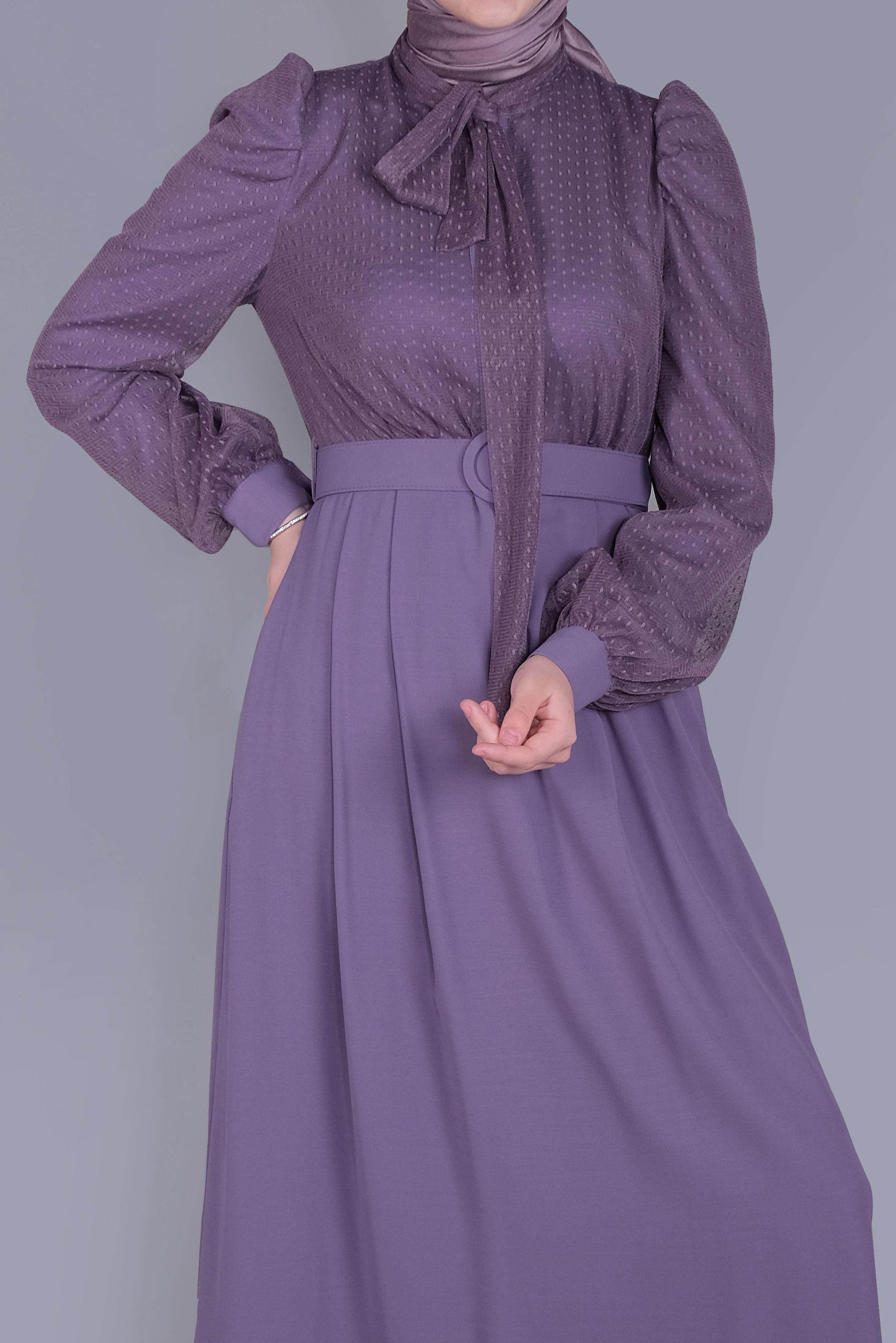 Tesettür giyim MOR YAKASI BAĞCIKLI TÜLLÜ ELBİSE 41428