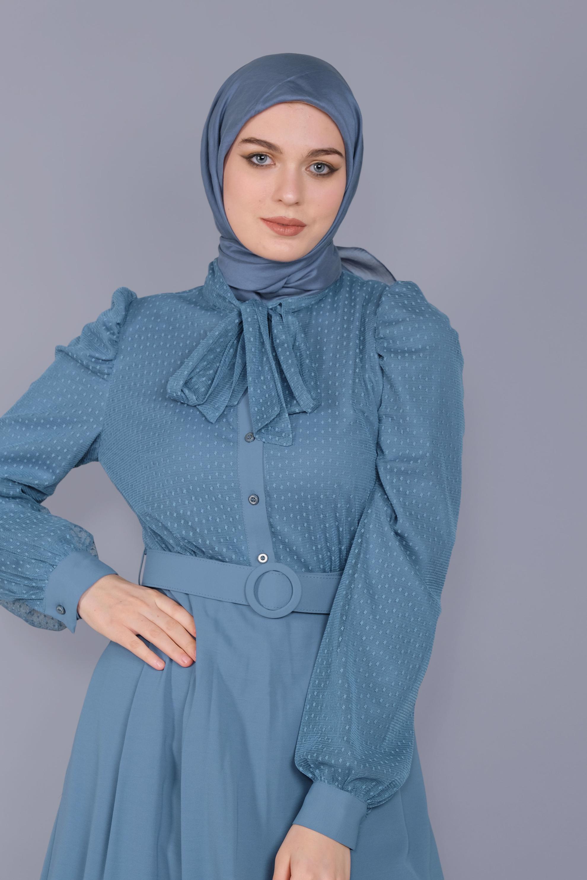 Tesettür giyim MAVİ YAKASI BAĞCIKLI TÜLLÜ ELBİSE 41428