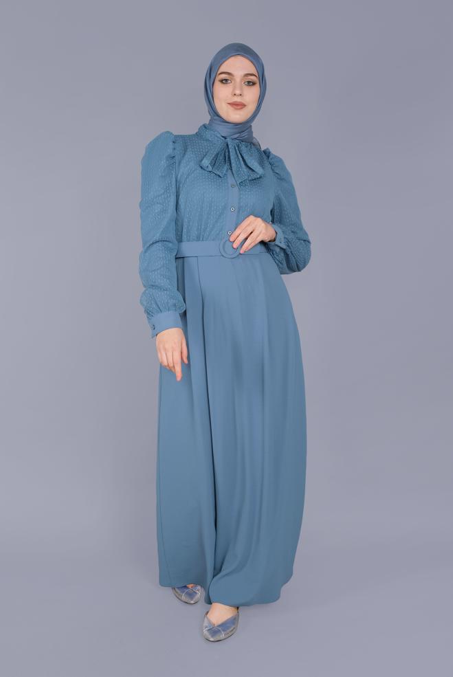 Tesettür giyim MAVİ YAKASI BAĞCIKLI TÜLLÜ ELBİSE 41428 - ALVİNA