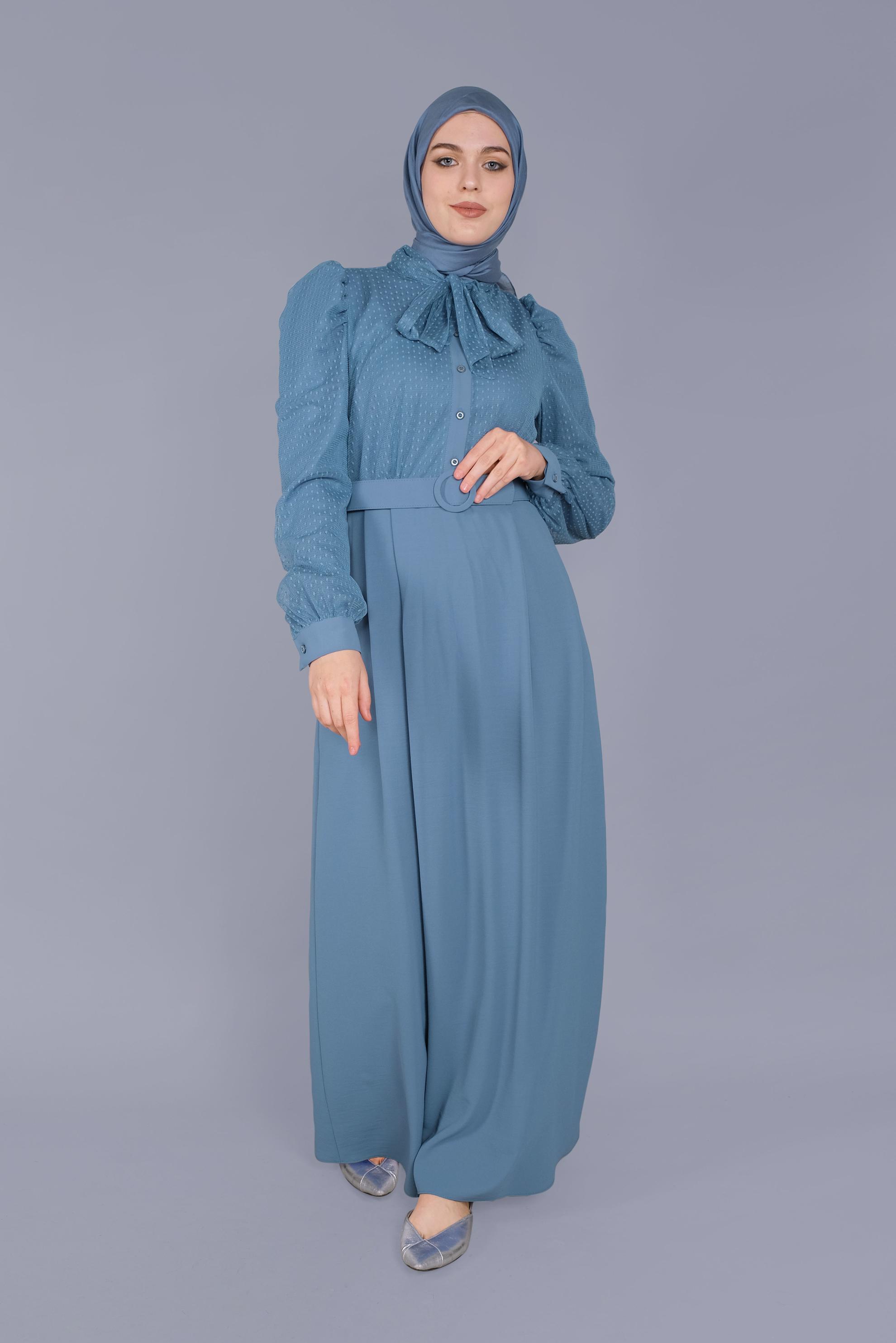 Tesettür giyim MAVİ YAKASI BAĞCIKLI TÜLLÜ ELBİSE 41428