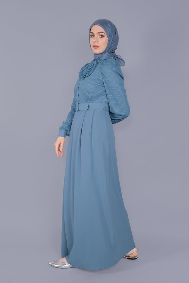 Tesettür giyim MAVİ YAKASI BAĞCIKLI TÜLLÜ ELBİSE 41428 - ALVİNA