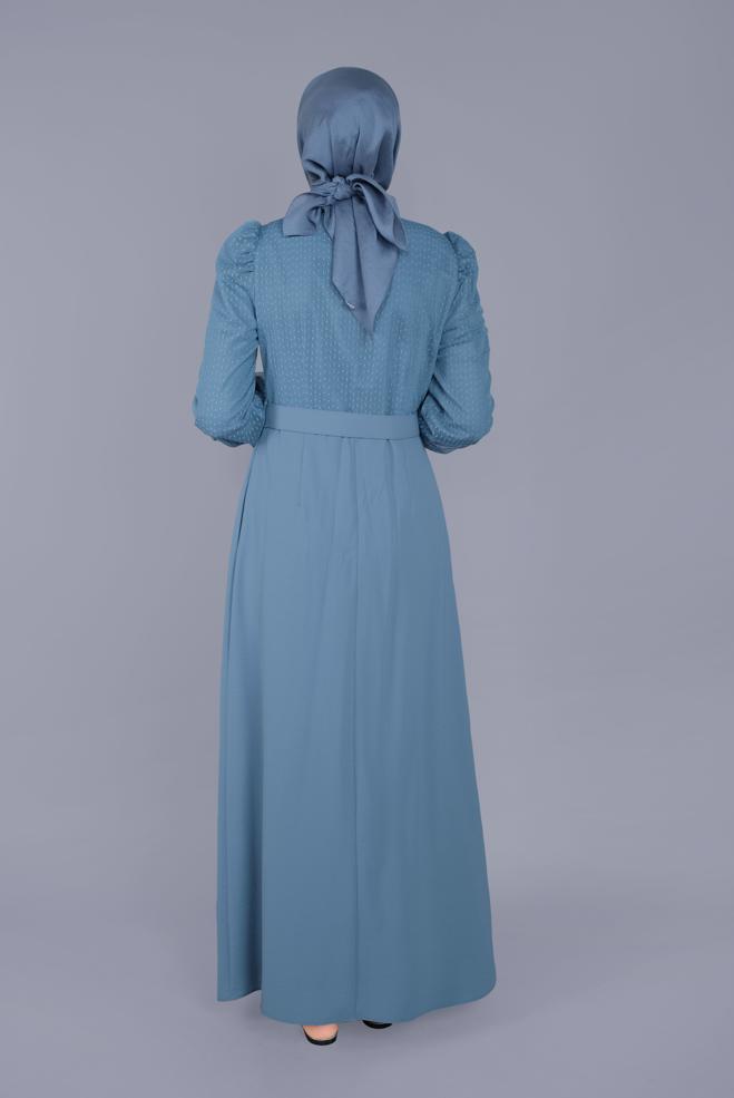 Tesettür giyim MAVİ YAKASI BAĞCIKLI TÜLLÜ ELBİSE 41428 - ALVİNA