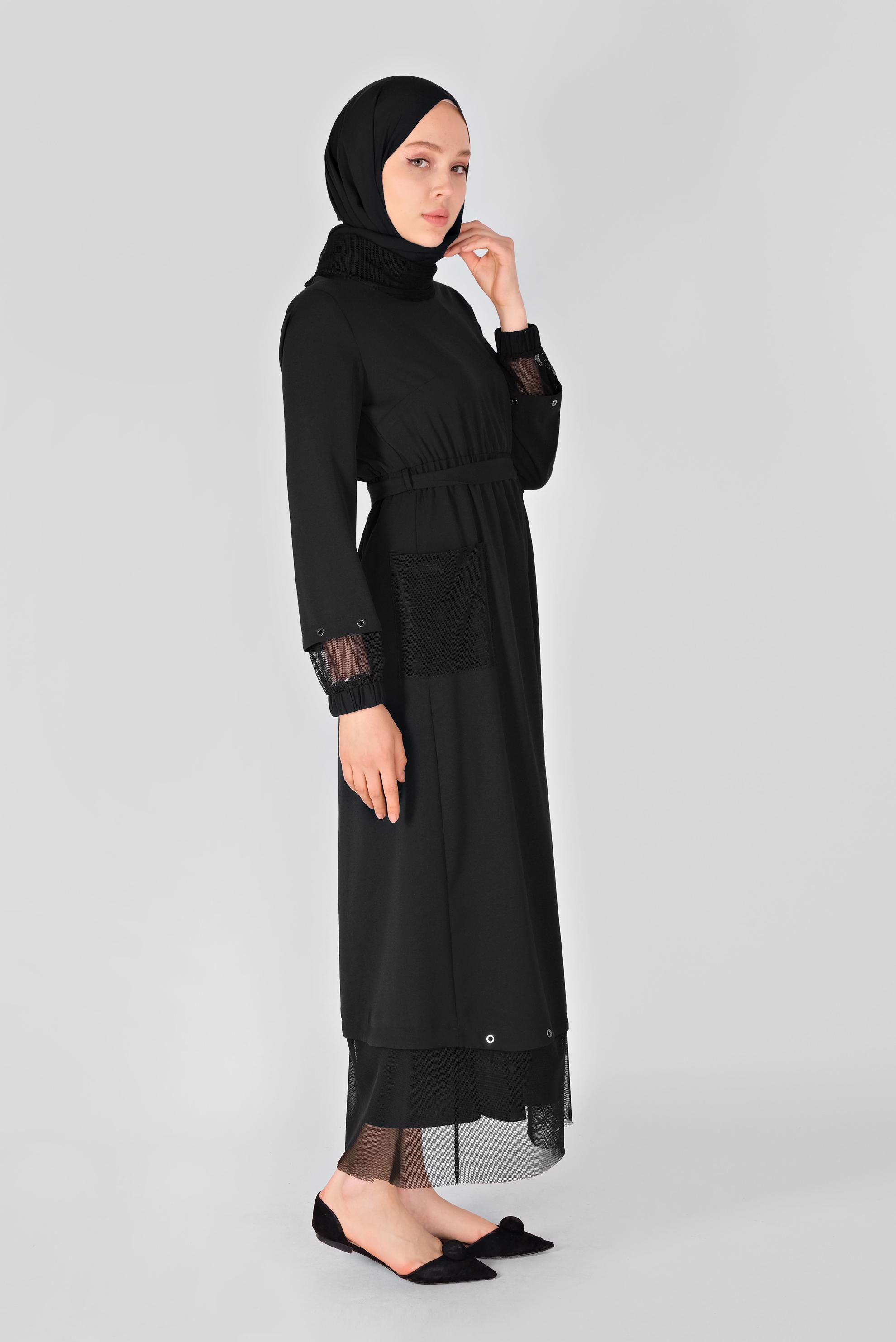 Tesettür giyim SİYAH FİLE DETAYLI ELBİSE 41429