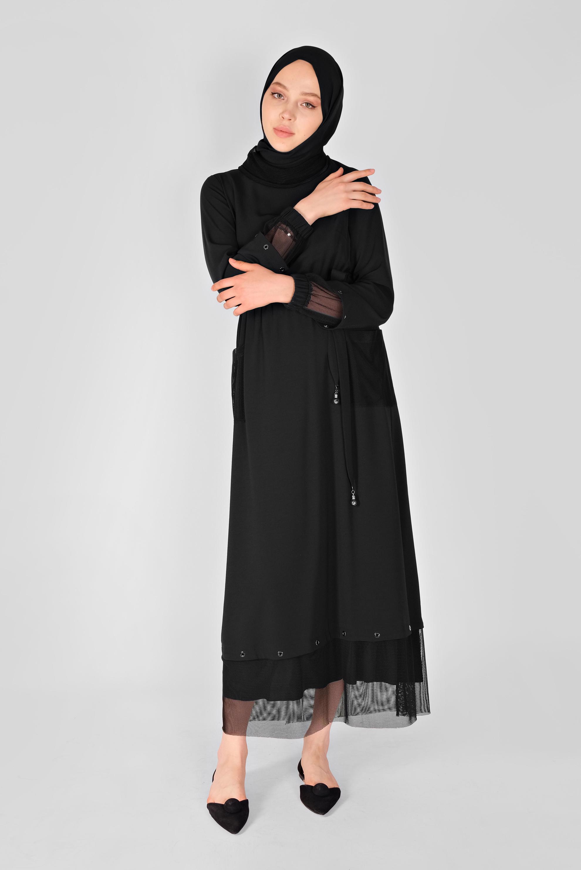 Tesettür giyim SİYAH FİLE DETAYLI ELBİSE 41429