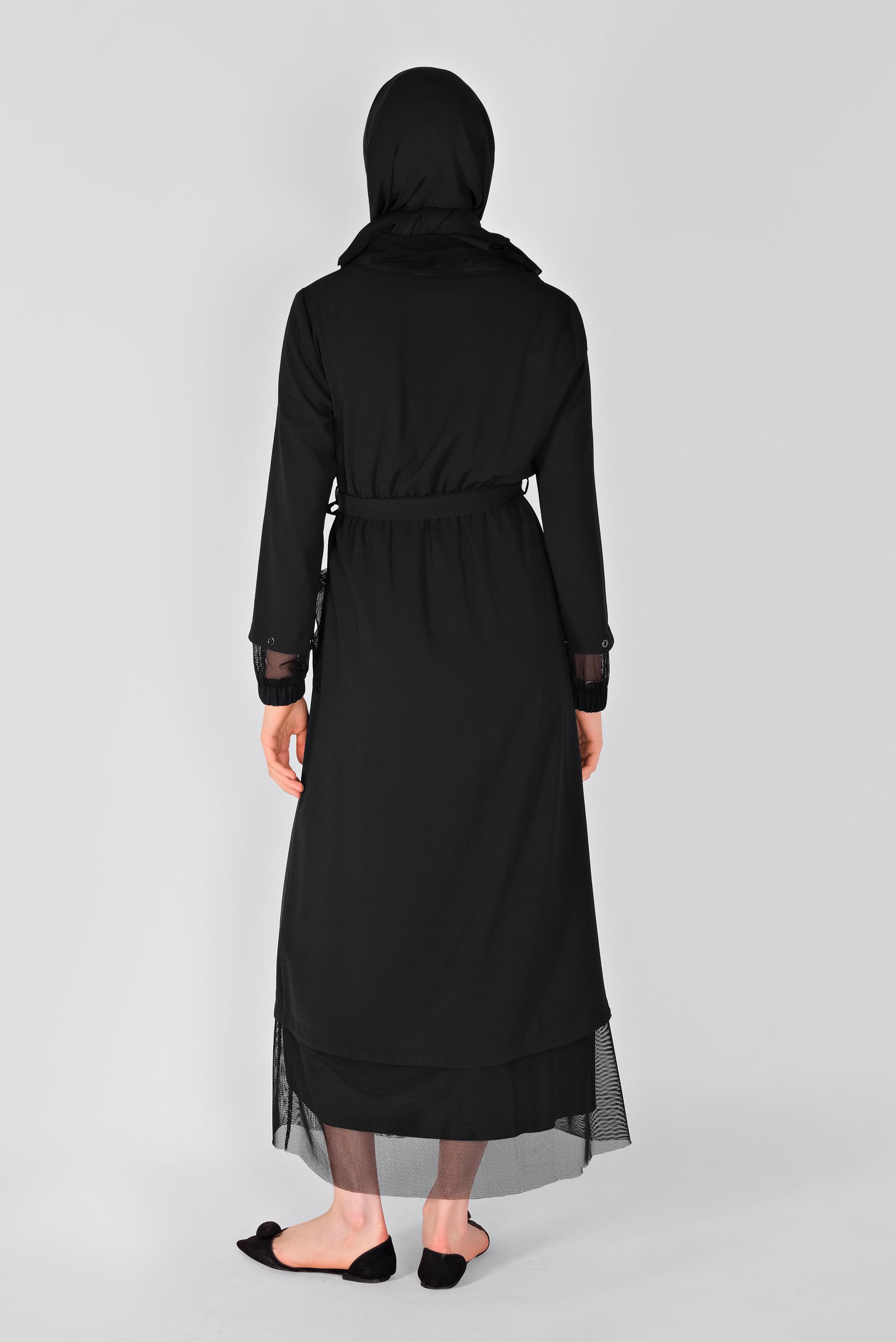 Tesettür giyim SİYAH FİLE DETAYLI ELBİSE 41429