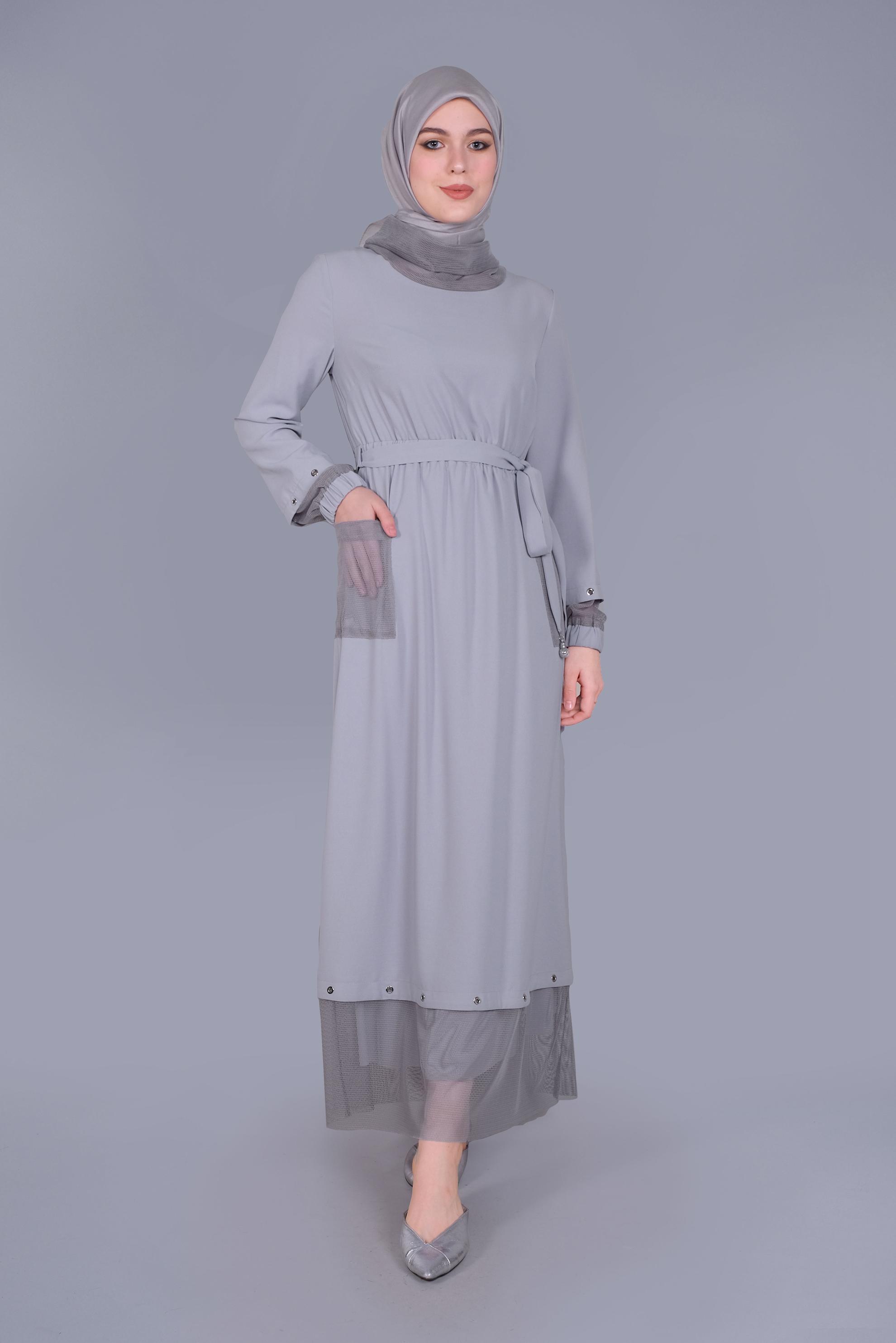 Tesettür giyim GRİ FİLE DETAYLI ELBİSE 41429