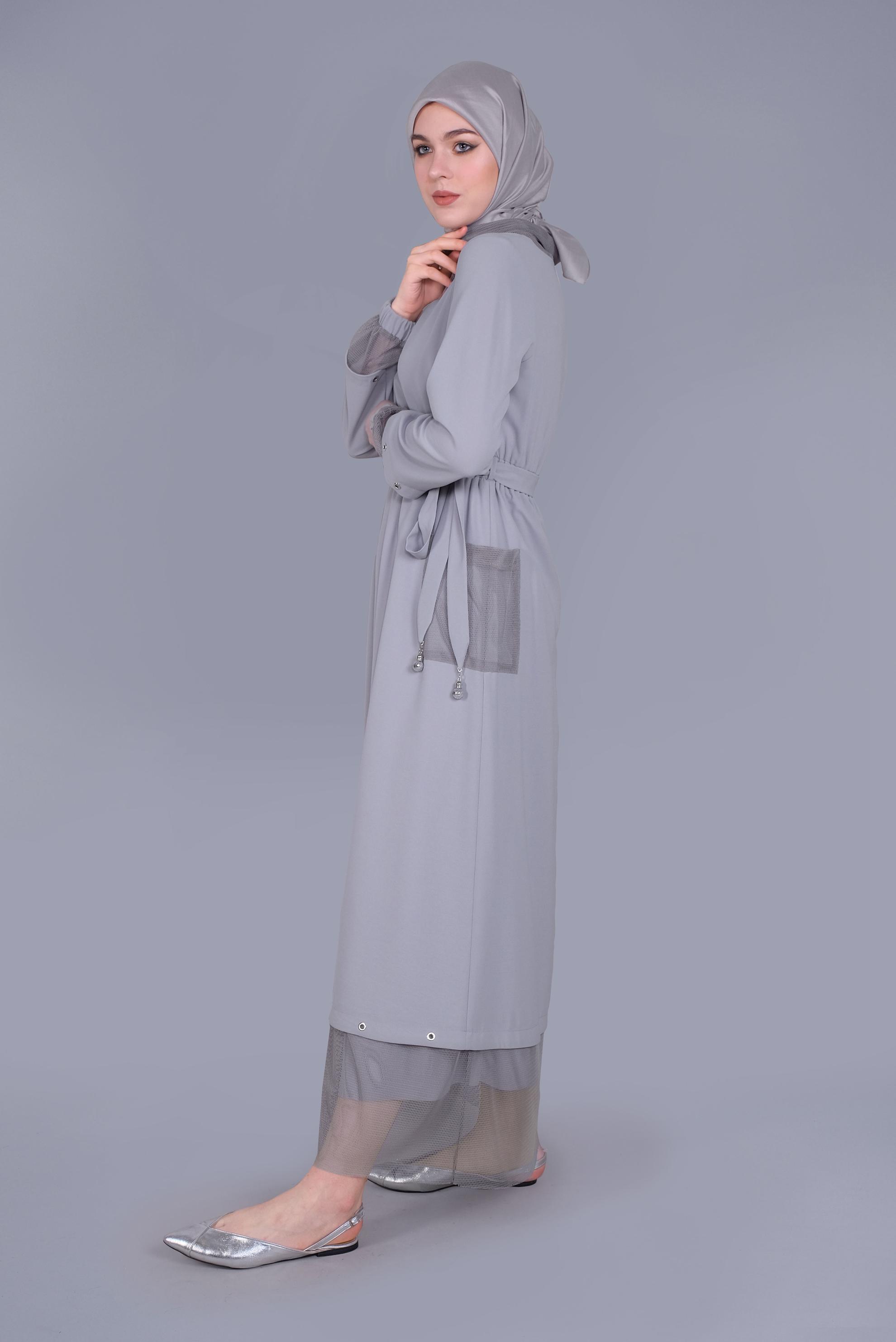 Tesettür giyim GRİ FİLE DETAYLI ELBİSE 41429