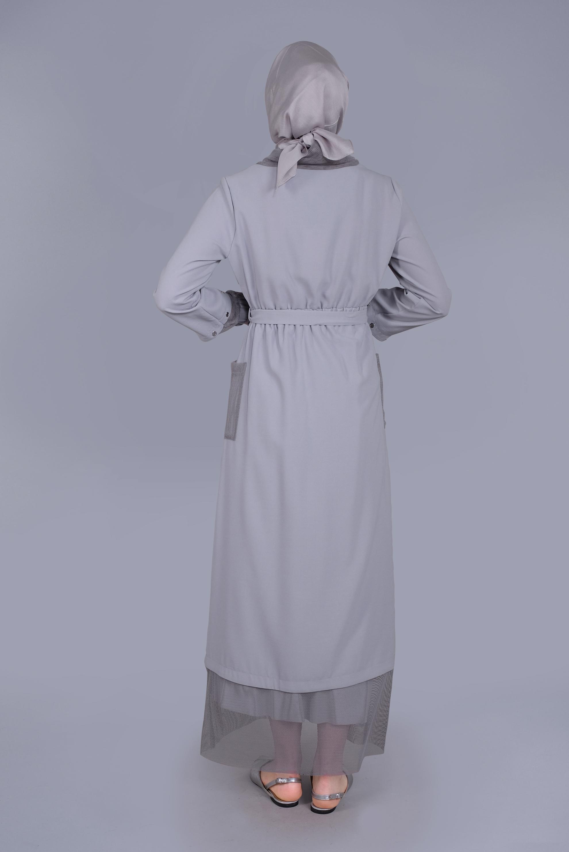 Tesettür giyim GRİ FİLE DETAYLI ELBİSE 41429