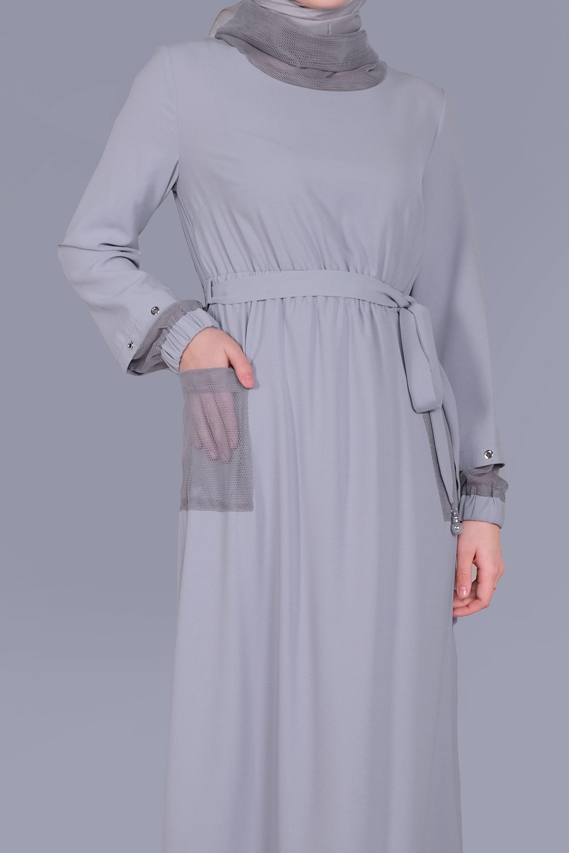 Tesettür giyim GRİ FİLE DETAYLI ELBİSE 41429