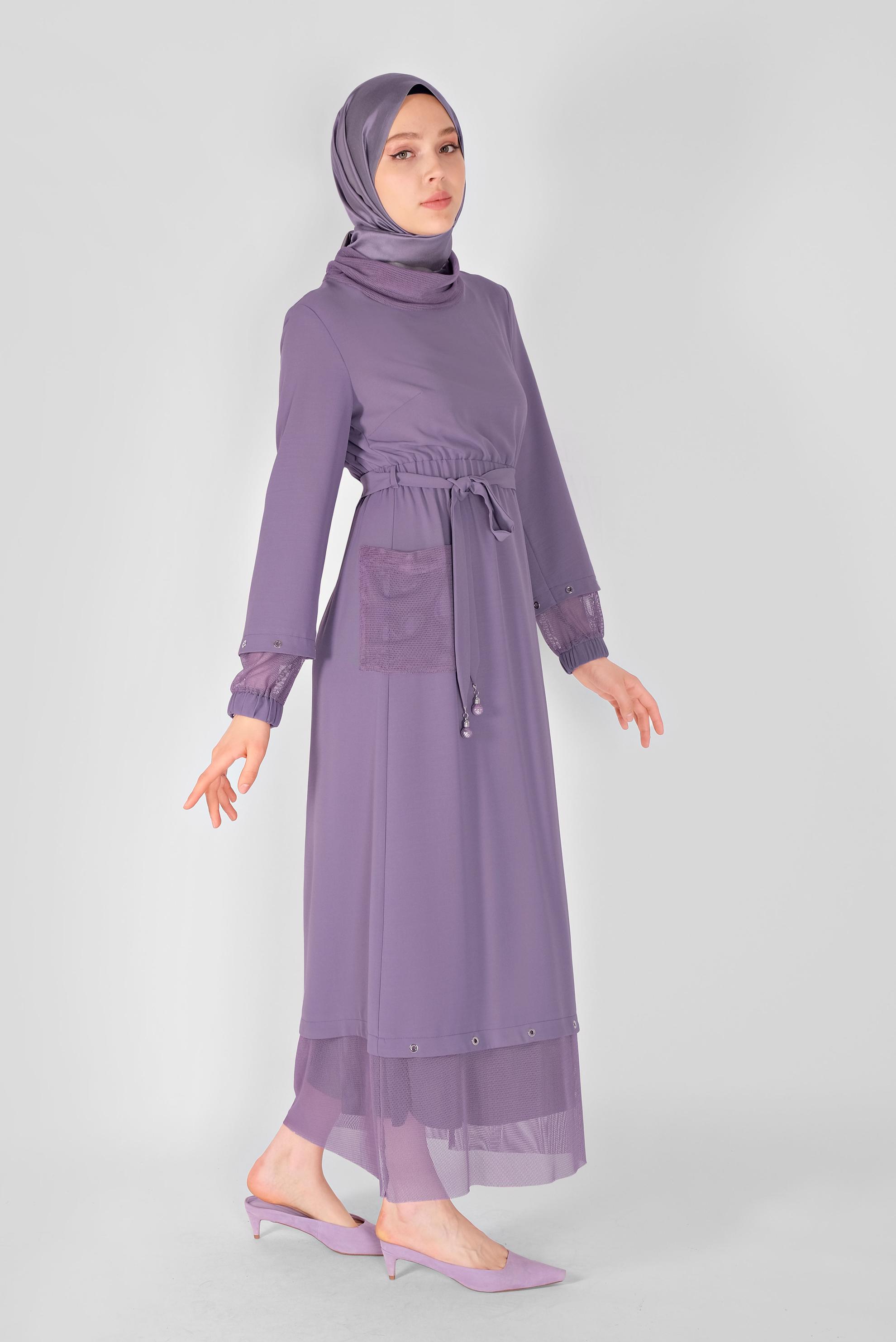 Tesettür giyim MOR FİLE DETAYLI ELBİSE 41429